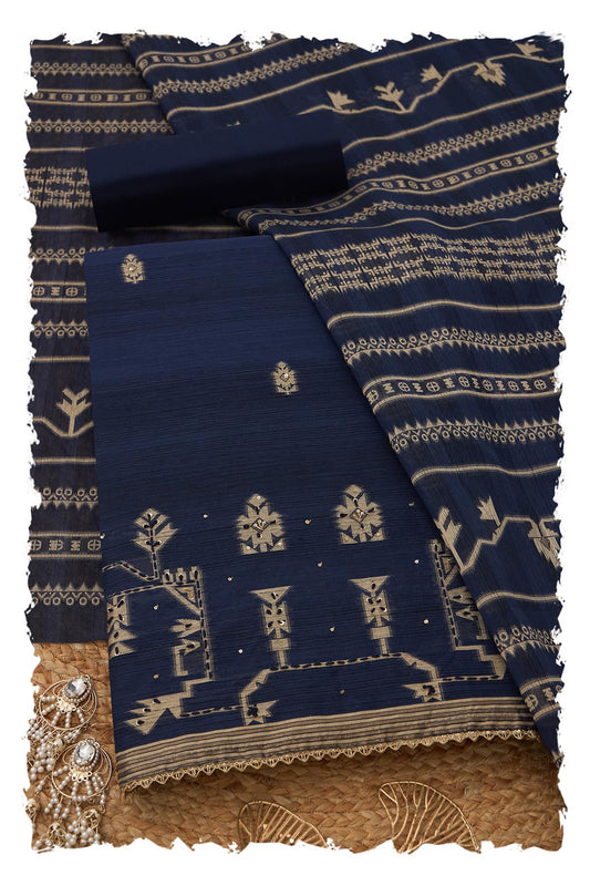 Soch Womens Navy Blue Chanderi Woven Design Unstitch Dress Material With Sequins