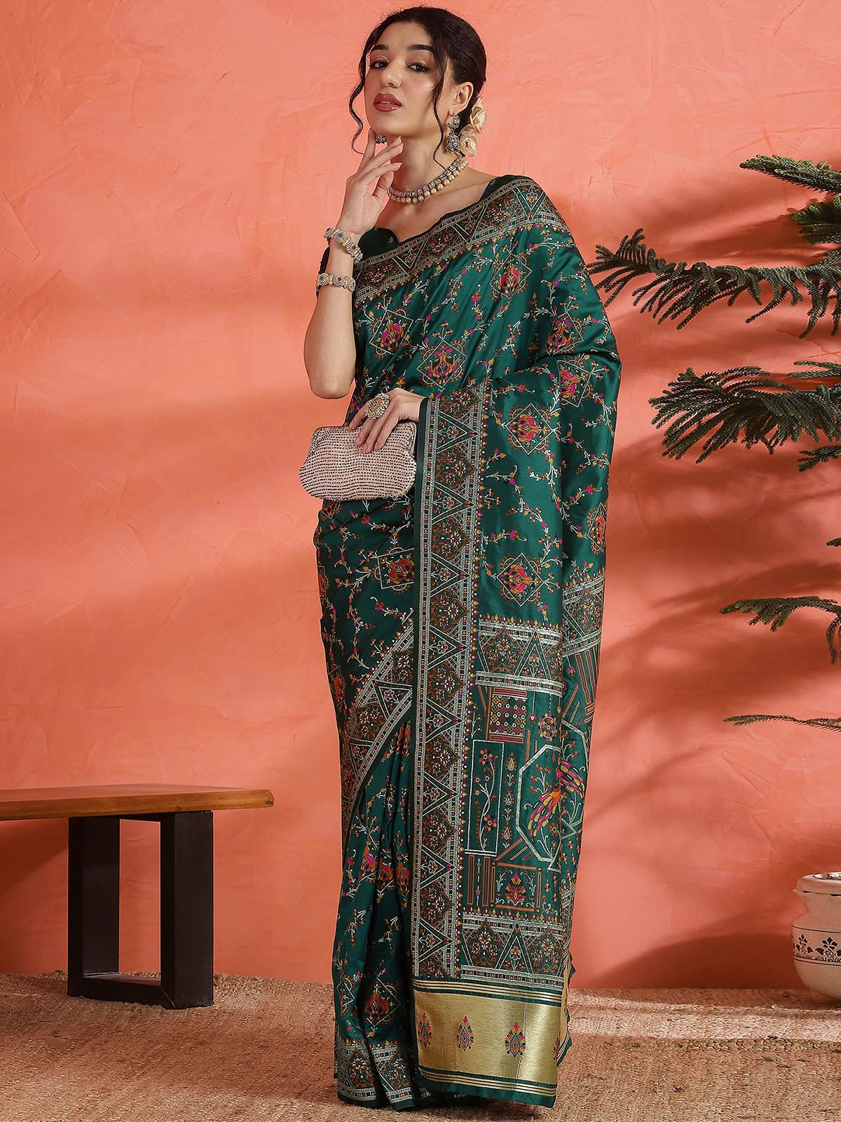 Satrani Women's Silk Weaving Banarasi Saree with Unstitched Blouse Piece (4734S792N_Rama Green5)