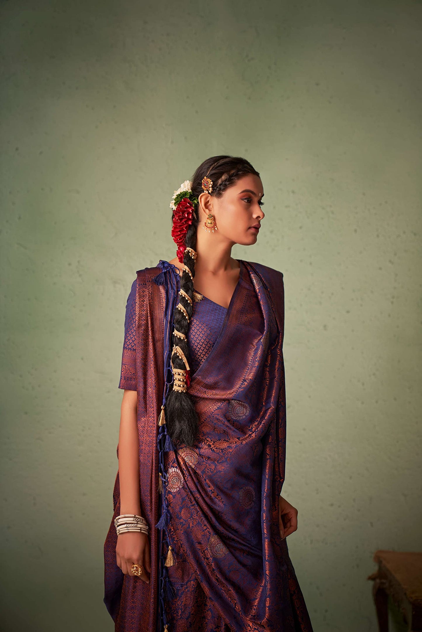 Vardha Women's Kanjivaram Art Silk Saree, Zari Woven, Copper, Unstitched Blouse - Navy Blue, Blue Sari Anvaya, 551