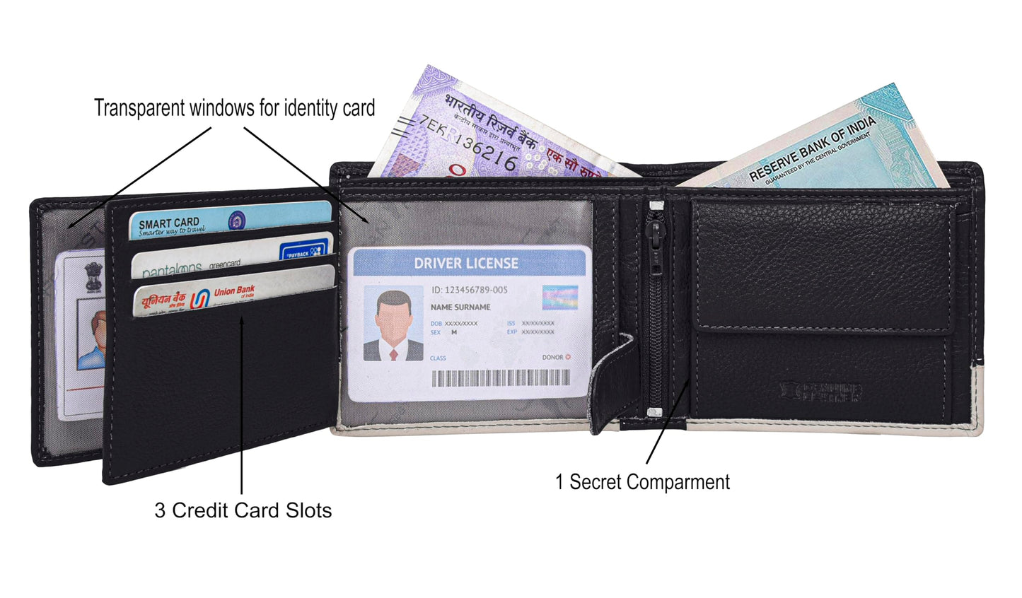 URBAN FOREST Saul Nappa Black/Sand Leather Wallet, Black Pen & Keychain Combo Gift Set for Men