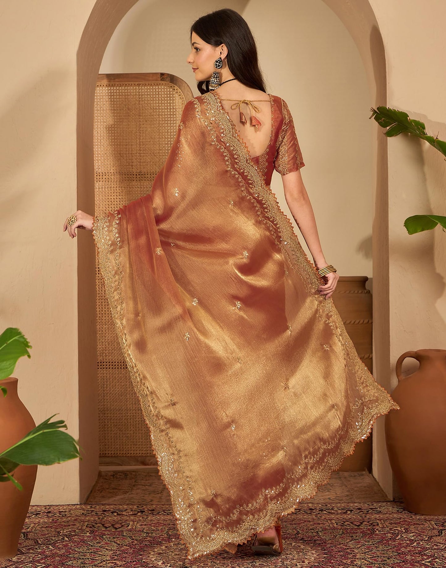 SIRIL Women's Embroidery Chiffon Saree With Unstitched Blouse Piece(4317S171_Orange)