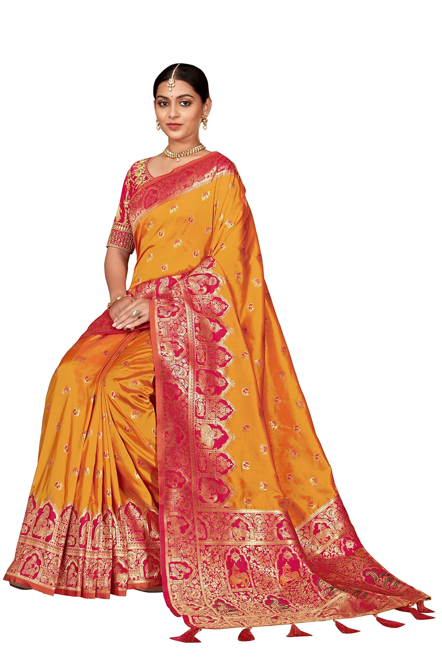 MANOHARI Women's Traditional Jacquard Work Yellow Banarasi Silk Woven Pattern Most Trendy Saree with Unstitch Blouse Piece