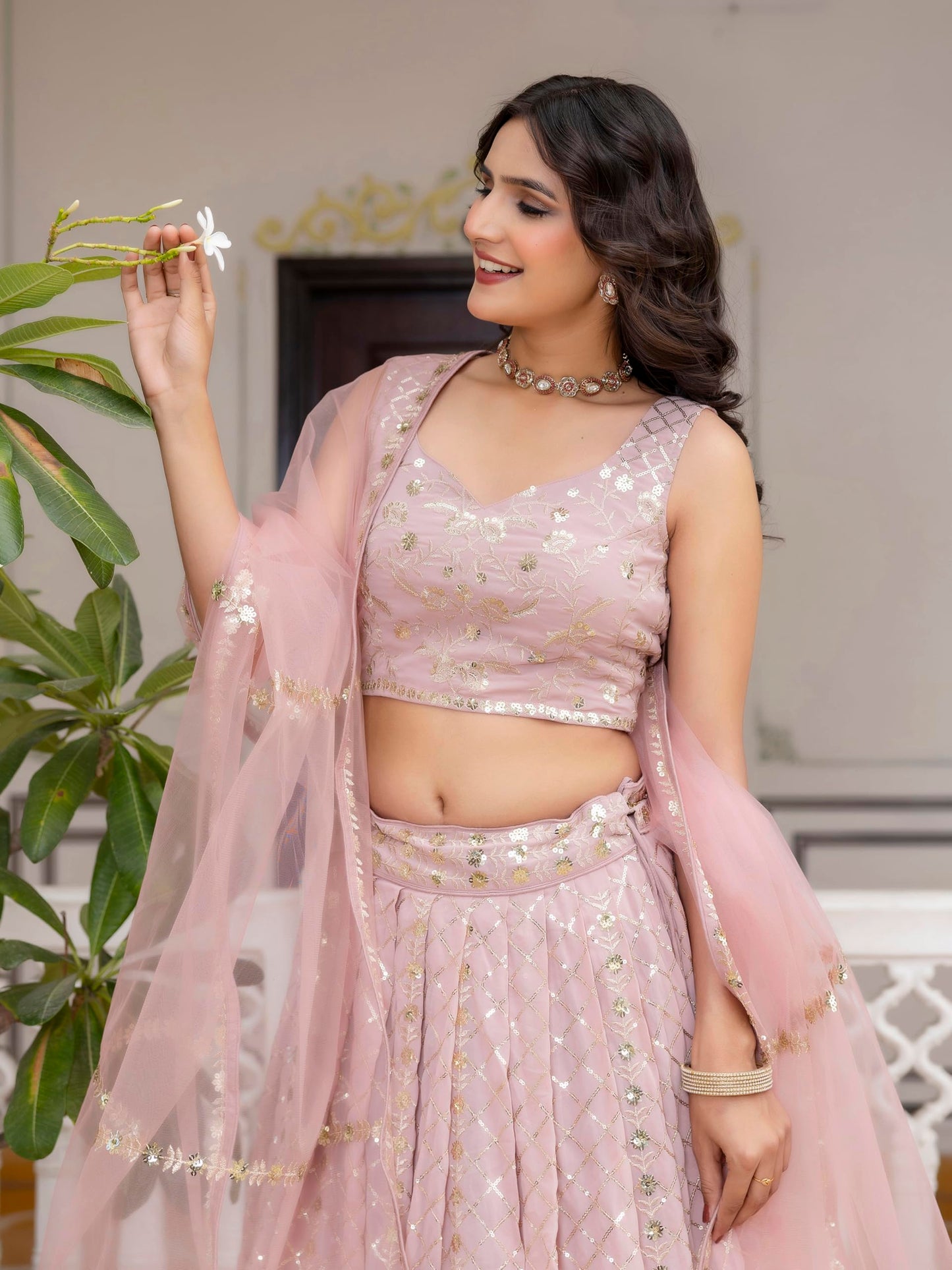 TRENDMALLS Women's Georgette Sequin Embroidery Work Lehenga Choli with Dupatta For Women (L300-LightPink-Semi-Stitch)