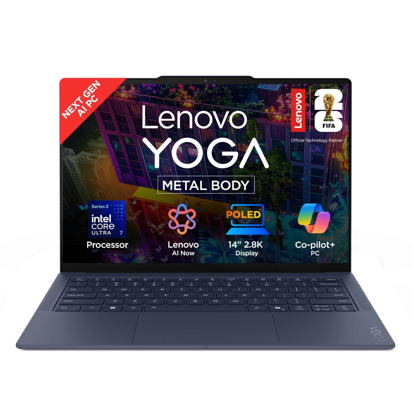 Lenovo Yoga Slim 7 FIFA World Cup 26 Edition Intel Evo Core Ultra 7 355 (32GB RAM/1TB SSD/14 (35.5cm)/2.8K WQXGA+ POLED/Copilot+ PC/Windows 11/MSO 365 Basic+Office24/Cosmic Blue/975g), 83QK007HIN