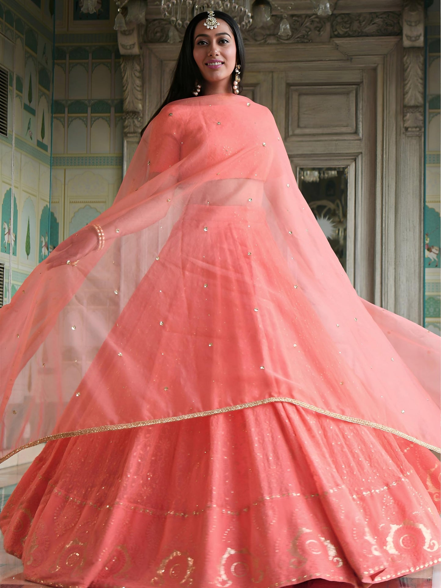 Zeel Clothing Women's Sequins Thread Embroidered Georgette Lehenga Choli With Dupatta (7083-Peach-Women-Lehenga-Choli-Latest; Free size) (Peach)