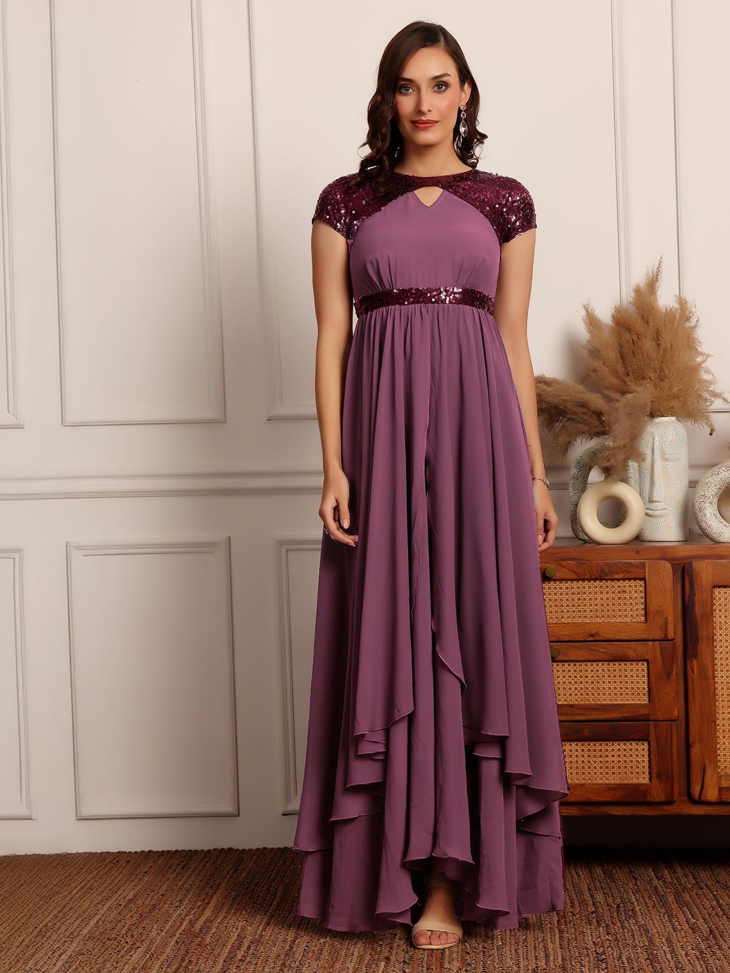 Miss Chase Womens Keyhole Short Sleeve Embellished Layered Georgette Maxi Dress (MCSS23D06-67-271-04, Mauve, M)
