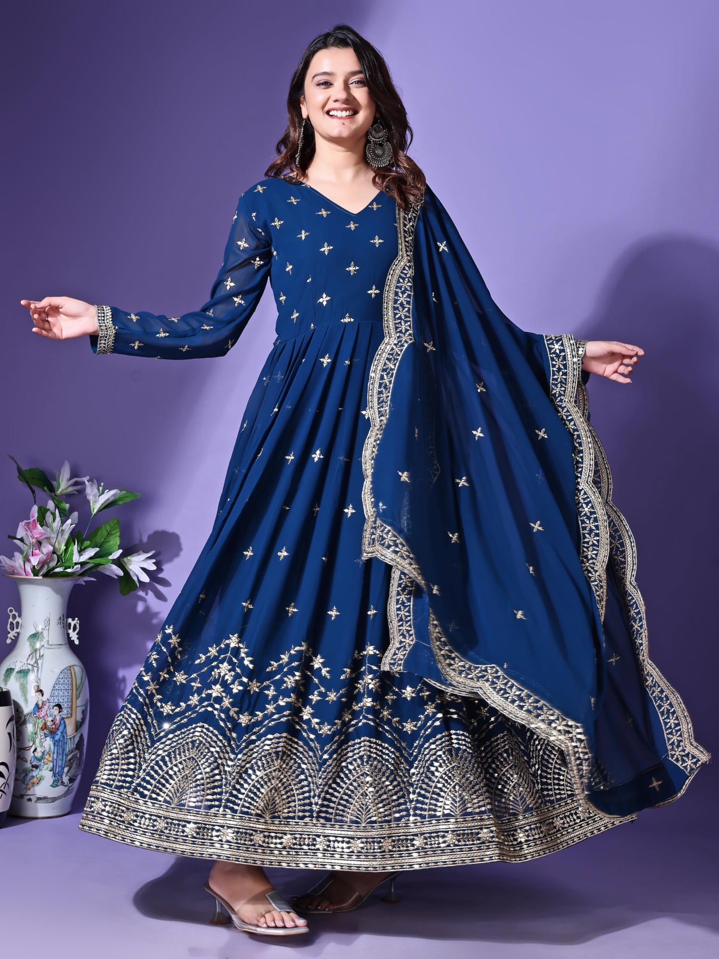 Fashion Basket Faux Georgette Sequins Anarkali Dress for Women (in, Alpha, 2XL, Regular, Turquoise)