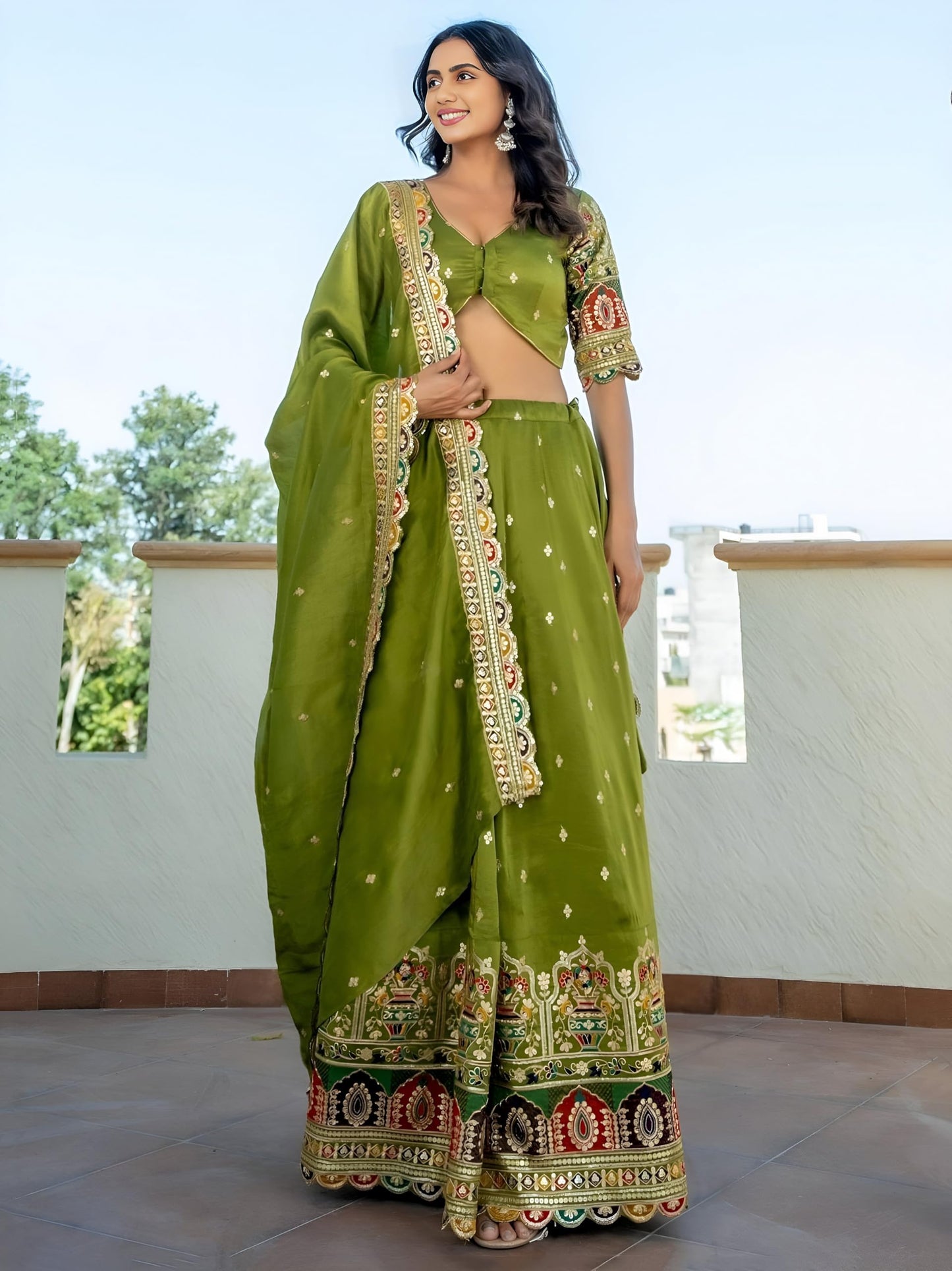 Zeel Clothing Women's Sequins Thread Embroidered Cosmos Silk Lehenga Choli With Dupatta (5128-Women-Lehenga-Choli-Latest; Free size) (Green)
