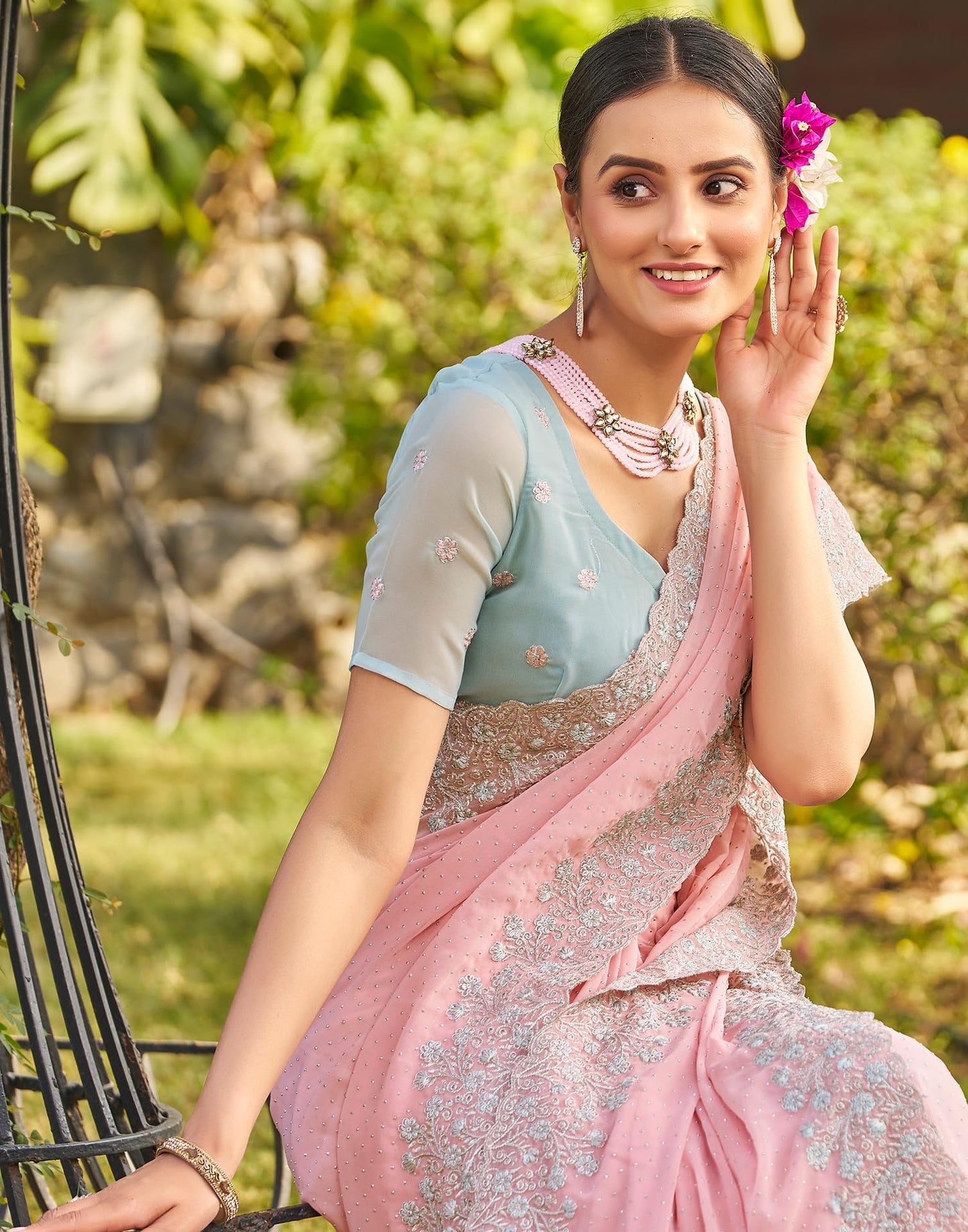 SIRIL Women's Georgette Embroidery Zari Work Saree With Unstitched Blouse Piece (3647S349_Baby Pink)