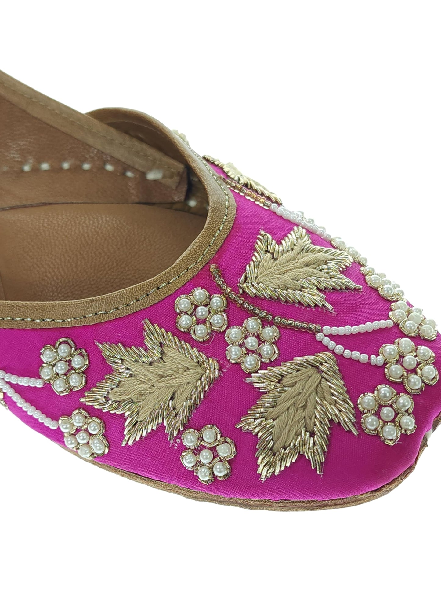 Fulkari Women Palm Leaf Gold Soft Embroidered Jutis | Bite and Pinch Free Jutti | Punjabi Formal Juttis | Girl's Wedding Flat Ladies Mojari | Formal Ethnic Juti |