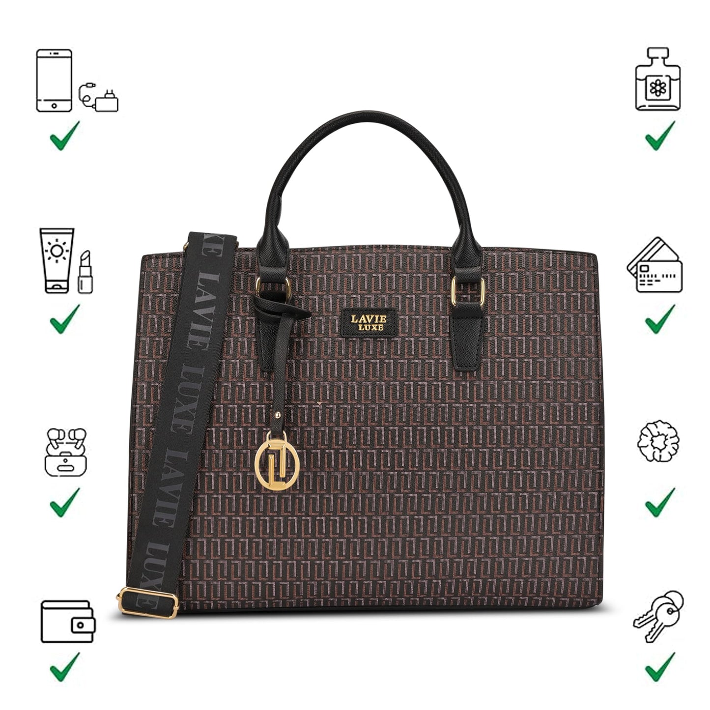 Lavie Luxe Women's Ellon25 Monogram Laptop Satchel Handbag for Women | Fits Upto 15 Inch Laptop | Laptop Bag for Work | Ladies purse | Stylish Shoulder Bag | Gift For Women