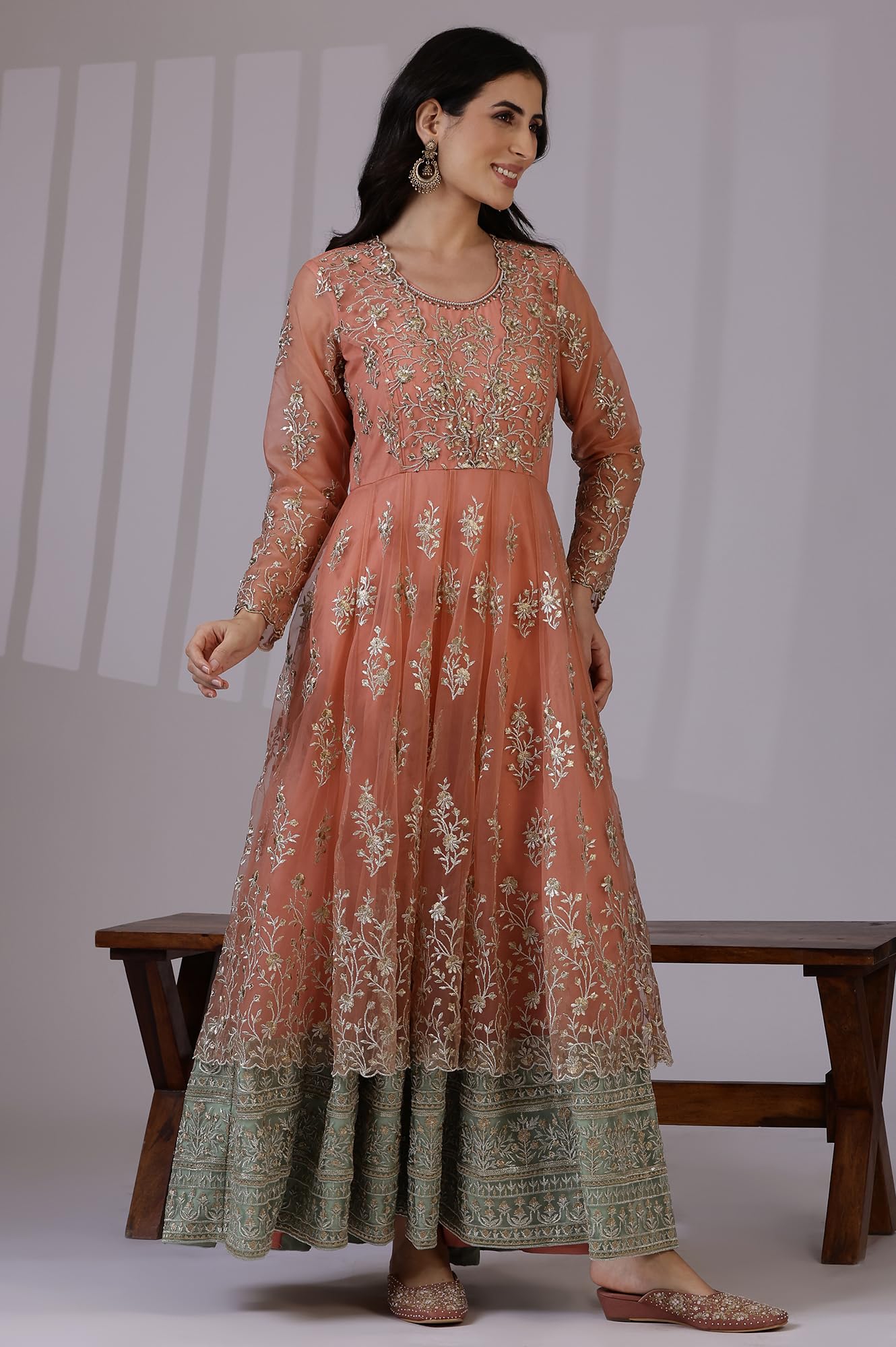 W for Woman Peach and Green Ombre Heavy Metallic Embroidered Layered Dress and Dupatta Set (Size: L)-24AUSP11987-400734
