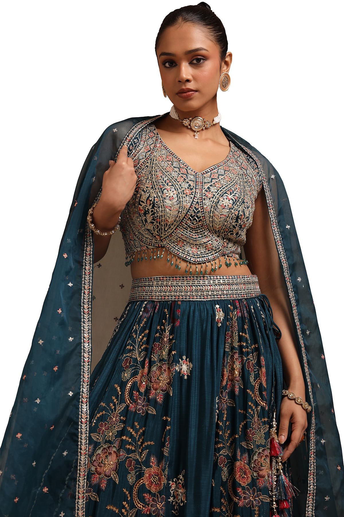Soch Womens Teal Green Chinon Embroidered Ghagra Choli With Stone Work