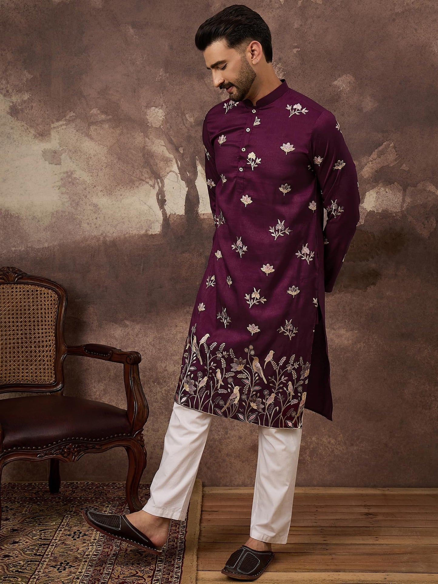 Ethnic Bay Men's Purple Silk Blend Solid Embroidered Calf Length Kurta's | Embroidered Kurta for Men | Straight Fit Kurtas for Mens (MKU1340, S)