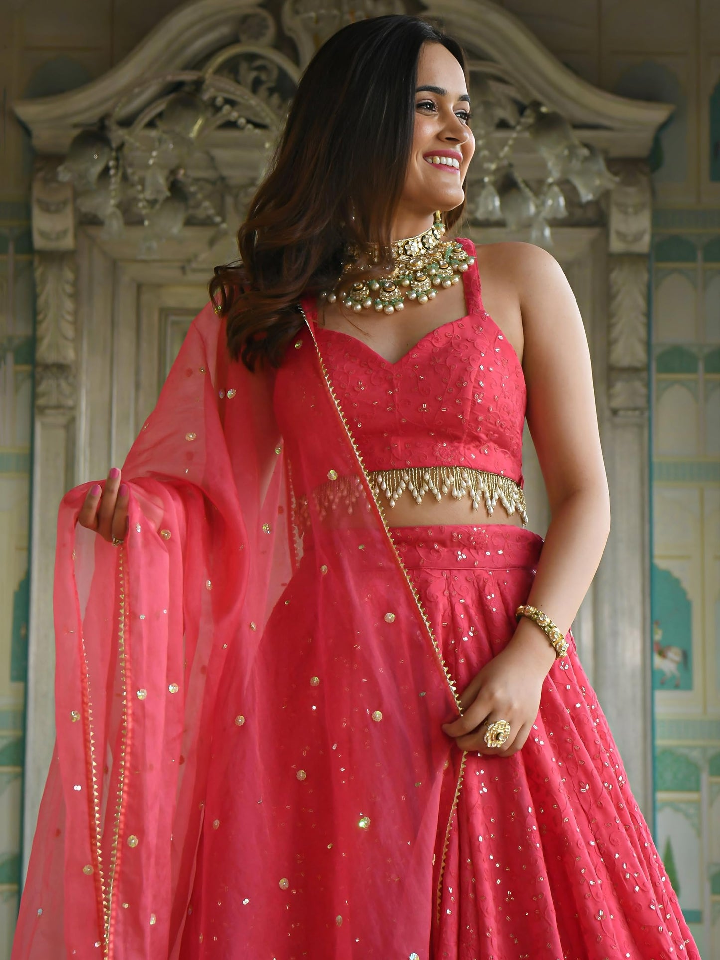 Zeel Clothing Women's Sequins Thread Embroidered Georgette New Lehenga Choli With Dupatta (7082-Pink-Wedding-Stylish-Latest; Free Size)