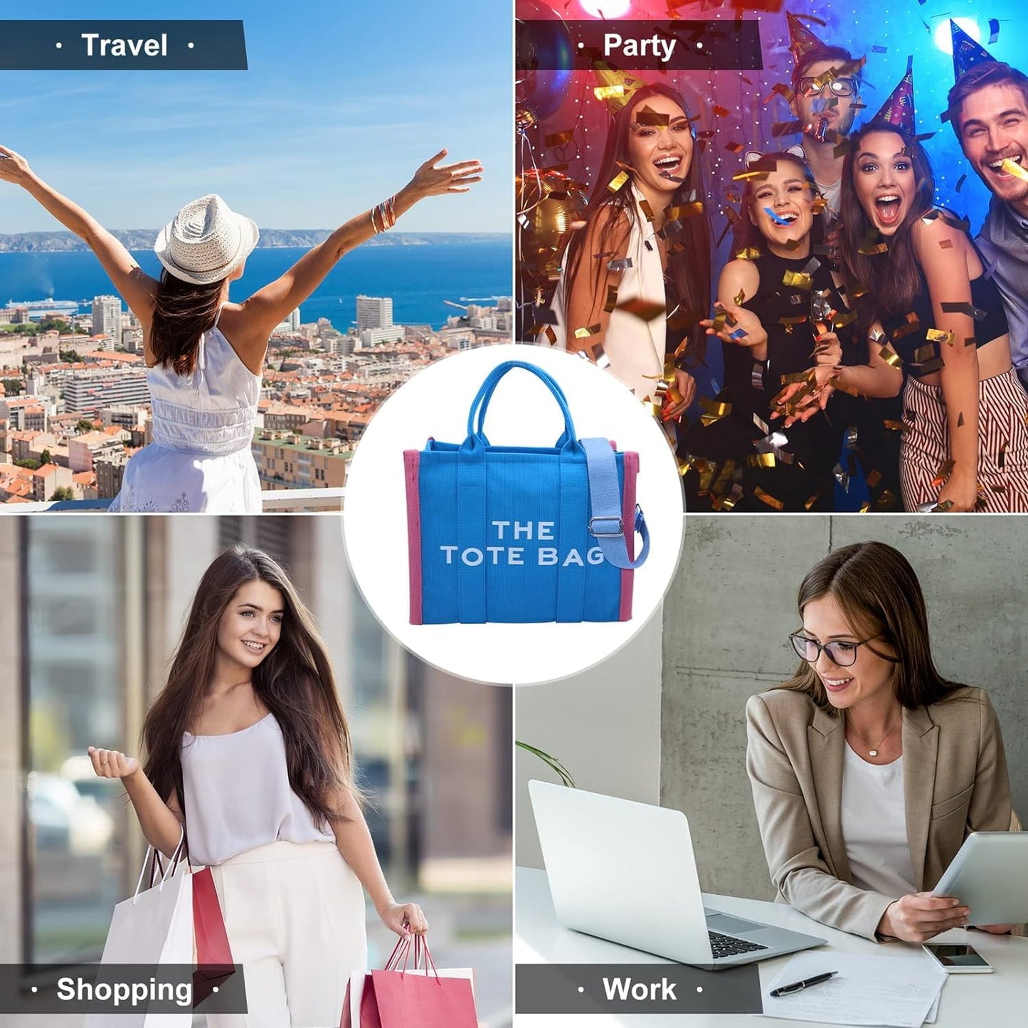 MAIRO LIFESTYLE Women Canvas The Tote Bag with Zipper Small Purse Crossbody Bag Top Handle Traveler Handbag (Blue with Pink edge)