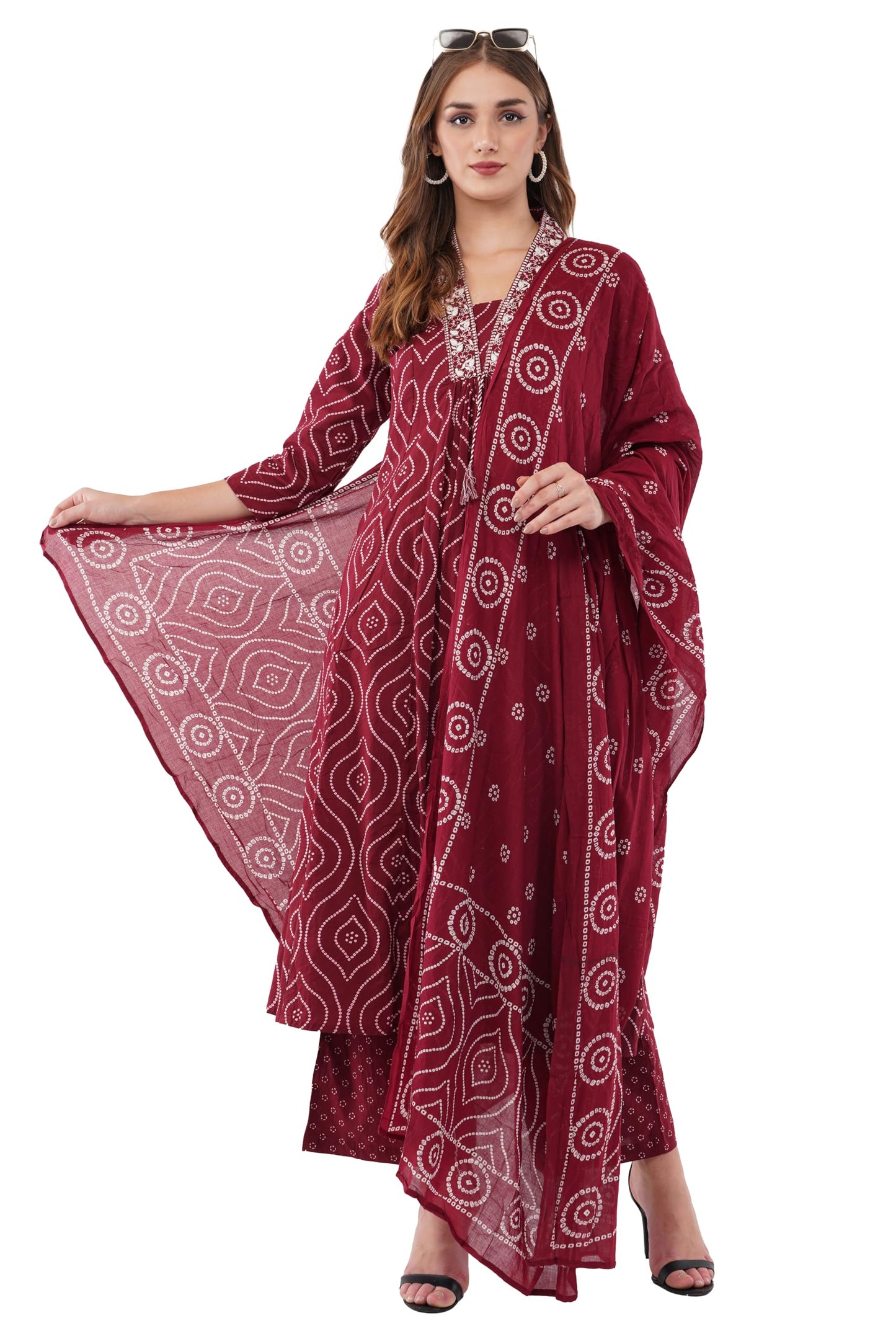 dhartii Maroon Anarkali Set for Women | Pure Cotton fabric for Seamless Comfort | Ethnic Printed Dress with Embroidered Neckline and Tassels | Elegant Cultural Wear with a Flowy Fit |