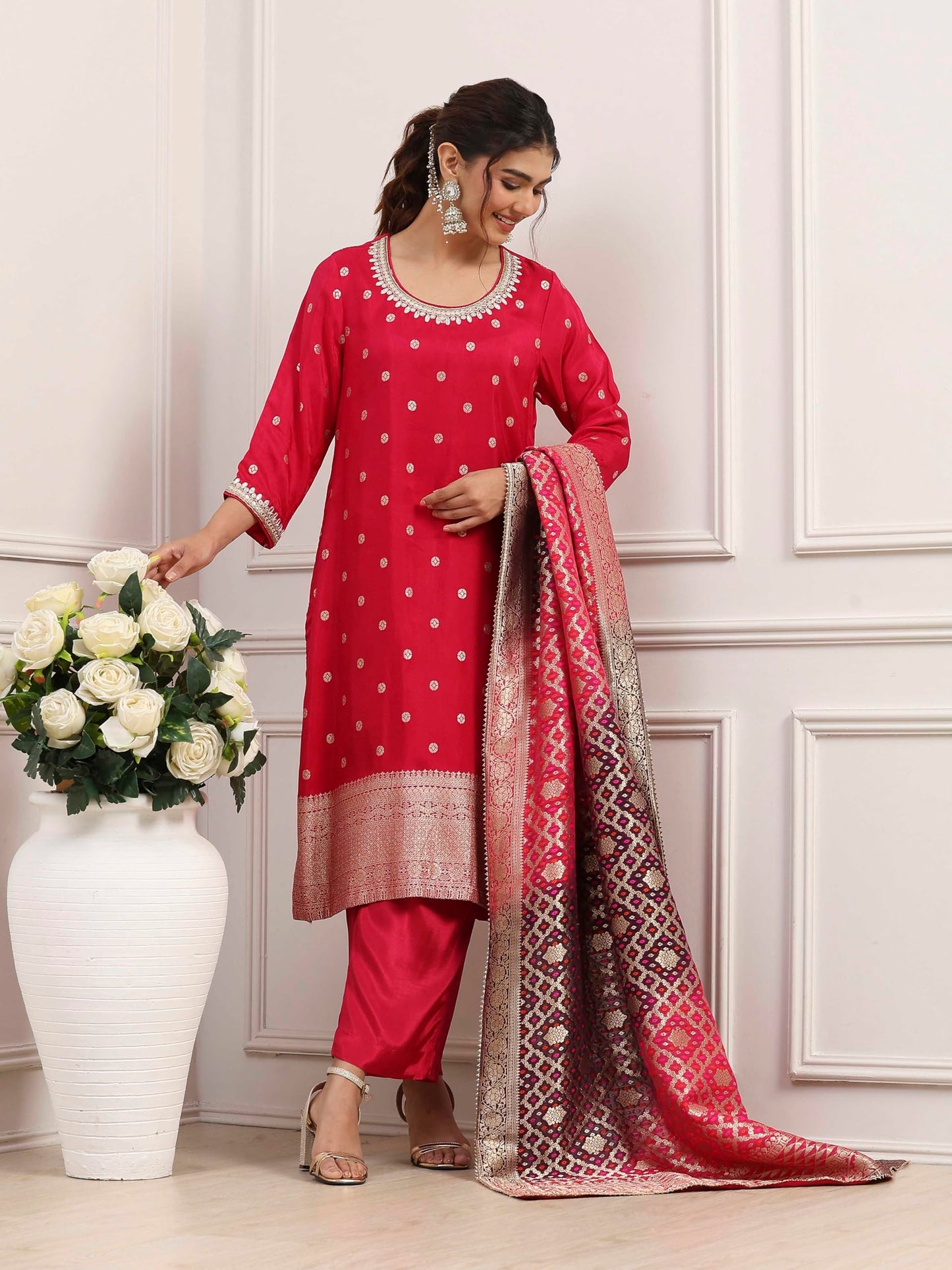 Biba Women Pink Viscose Rayon Straight Suit Set_38