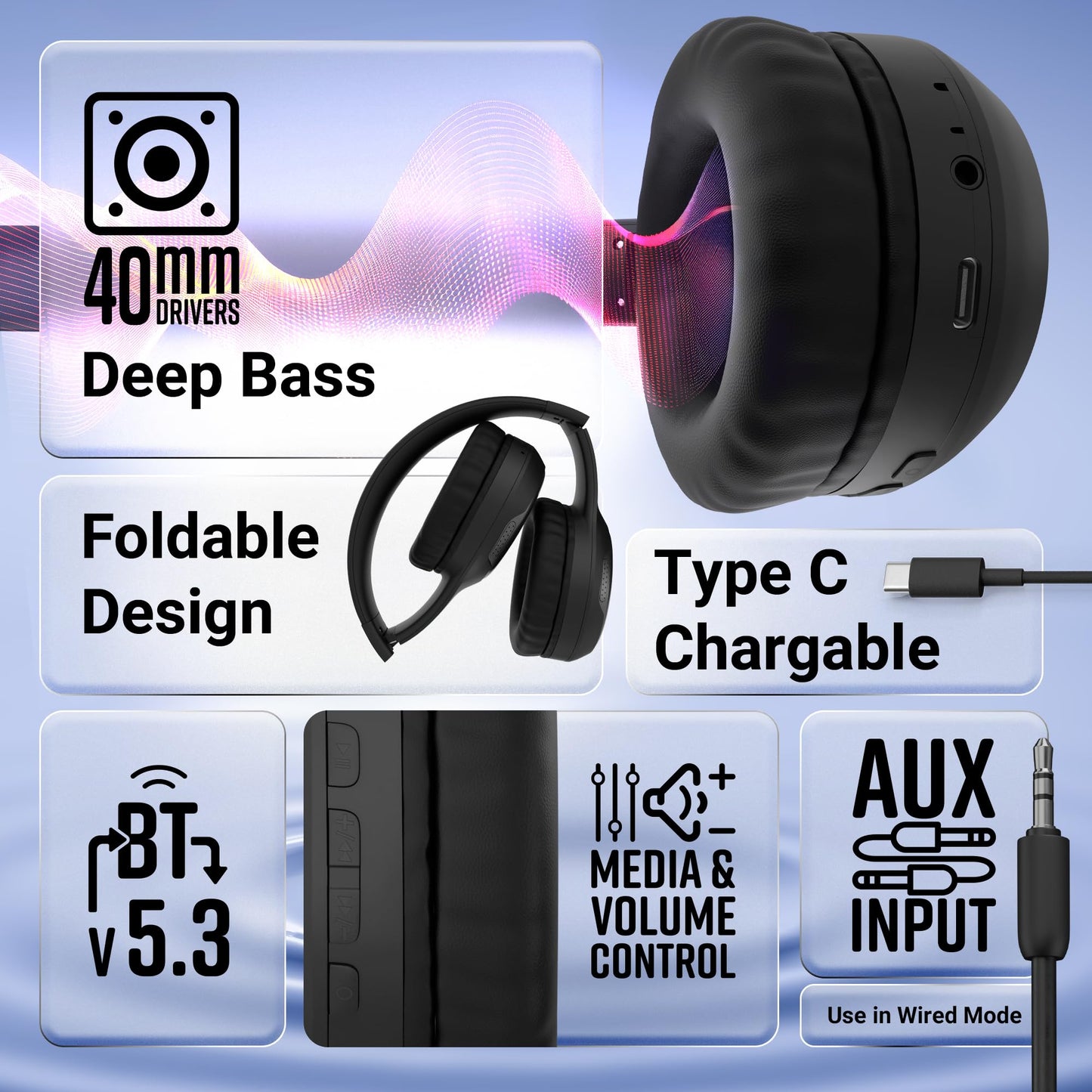 ZEBRONICS Thunder Max Bluetooth Over Ear Headphone with 120*Hrs Playback, 3 EQ Modes, 40mm Bass Driver, Fast Charging, ENC, Gaming Mode, Dual Pairing, BT v5.4, AUX, Metallic Finish (Black)