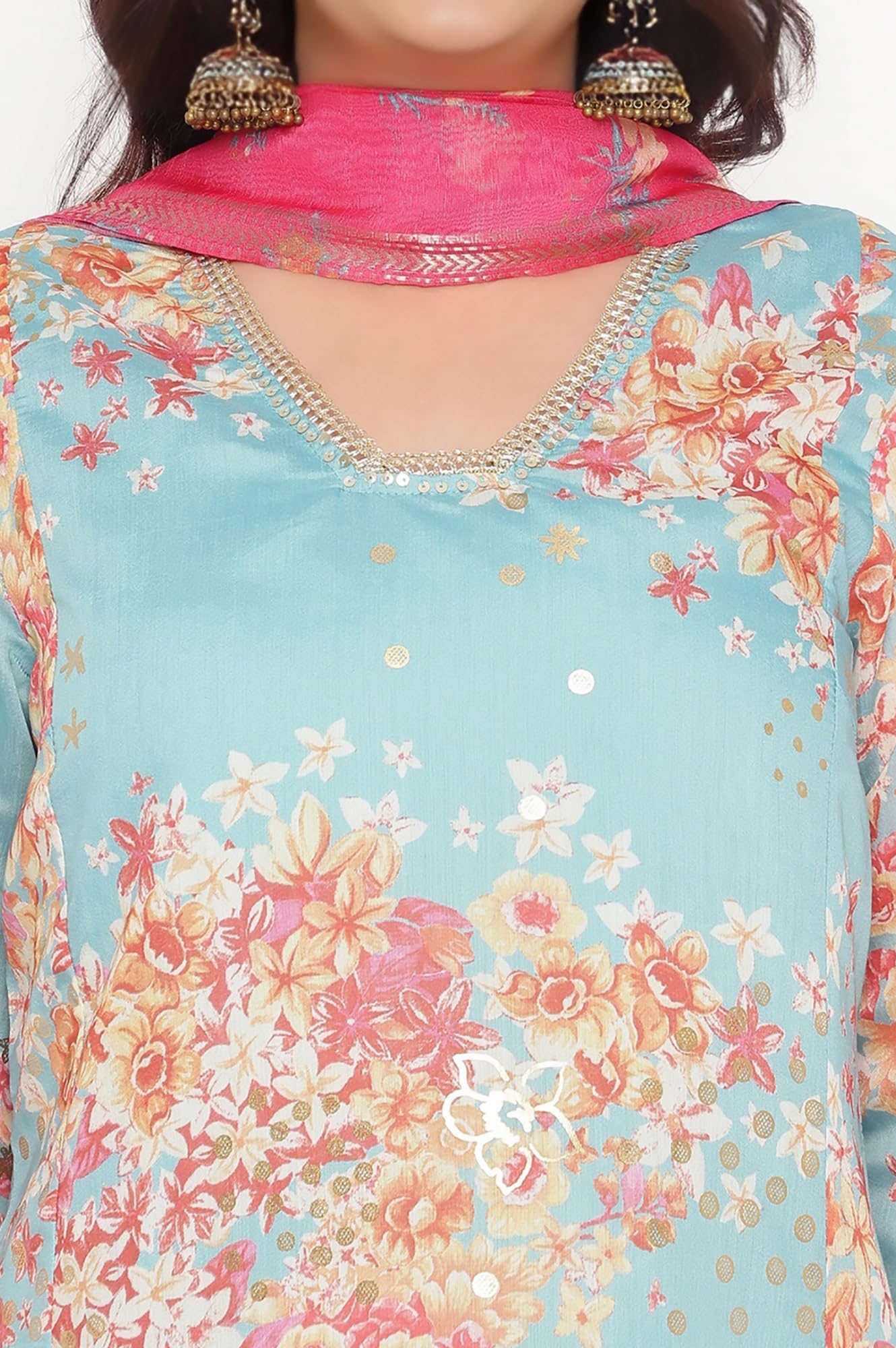 W for Woman Blue Printed Chanderi Flared Kurta, Straight Pant and Dupatta Set