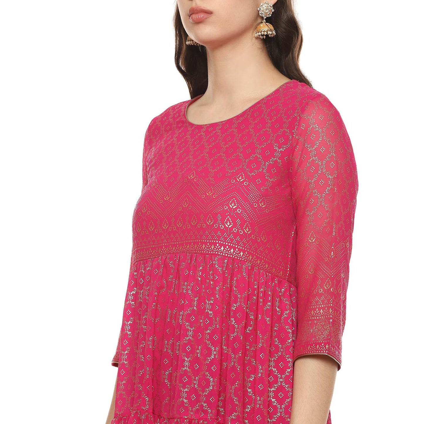 BIBA Women Cotton Blend Printed Anarkali Salwar Kurta Dupatta(Skdgold Mur9143_Fuchsia_42), Pink