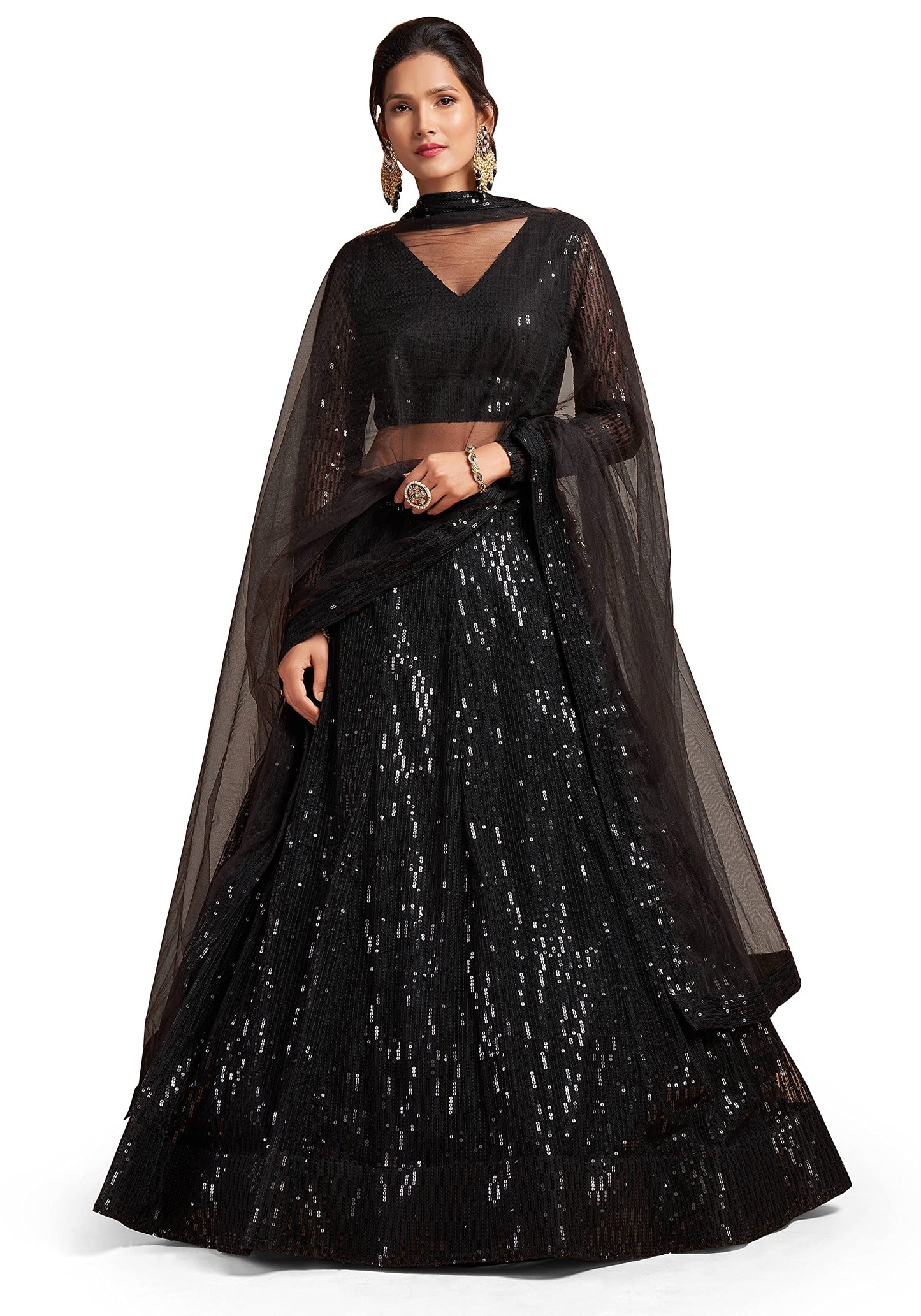 Zeel Clothing Women's Black Net Embroidered Semi-Stitched New Lehenga Choli with Dupatta (7308Black-Wedding-Girlish-Latest-Lehenga; Free Size)