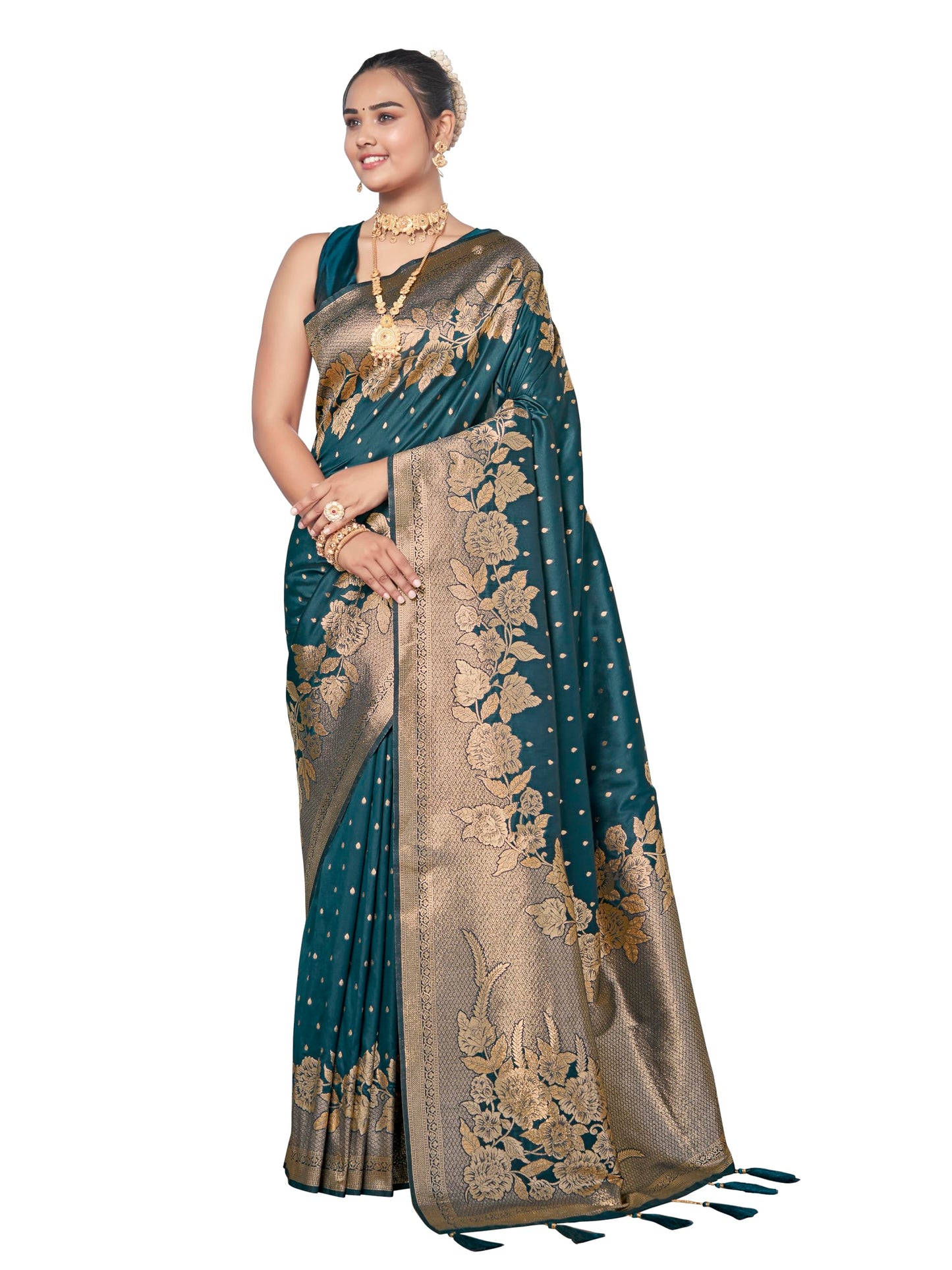 MANOHARI Womens Most Trendy Banarasi Woven Bottol Green Saree With Heavy Jacquard Work Saree With Blouse Piece