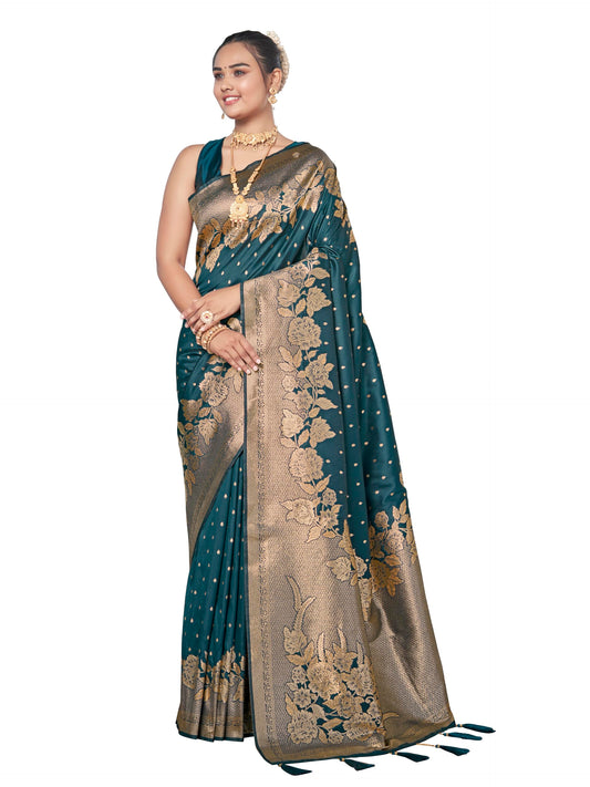 MANOHARI Womens Most Trendy Banarasi Woven Bottol Green Saree With Heavy Jacquard Work Saree With Blouse Piece