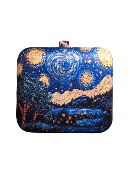 Artklim Blue Star Night Art Printed Golden Strap Quirky Box Clutch for Women - Sling Purse - Valentine’s Day Gift for Girlfriend