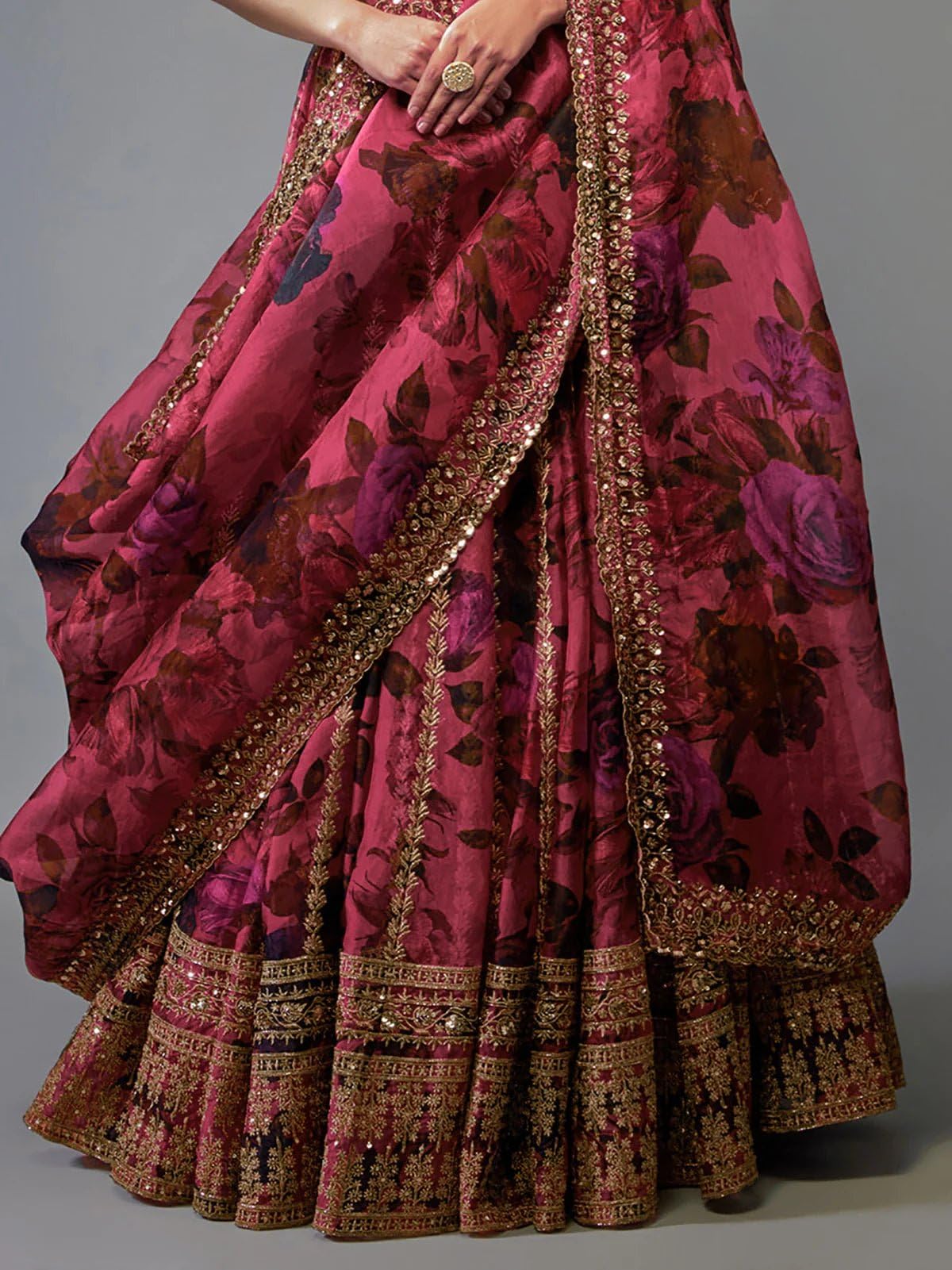 JIHU CULTURE Pink Organza Zari Sequence Embroidery Work Semi-Sttiched Lehenga Choli Set For Women