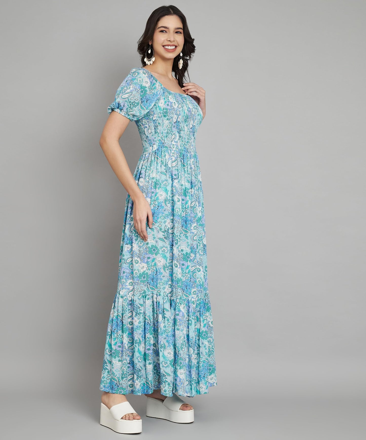 veldress21 Women Dress Maxi Stylish Casual Summer Dress Regular,Office Collage Wear Beachwear Long Dress Full (L) Blue