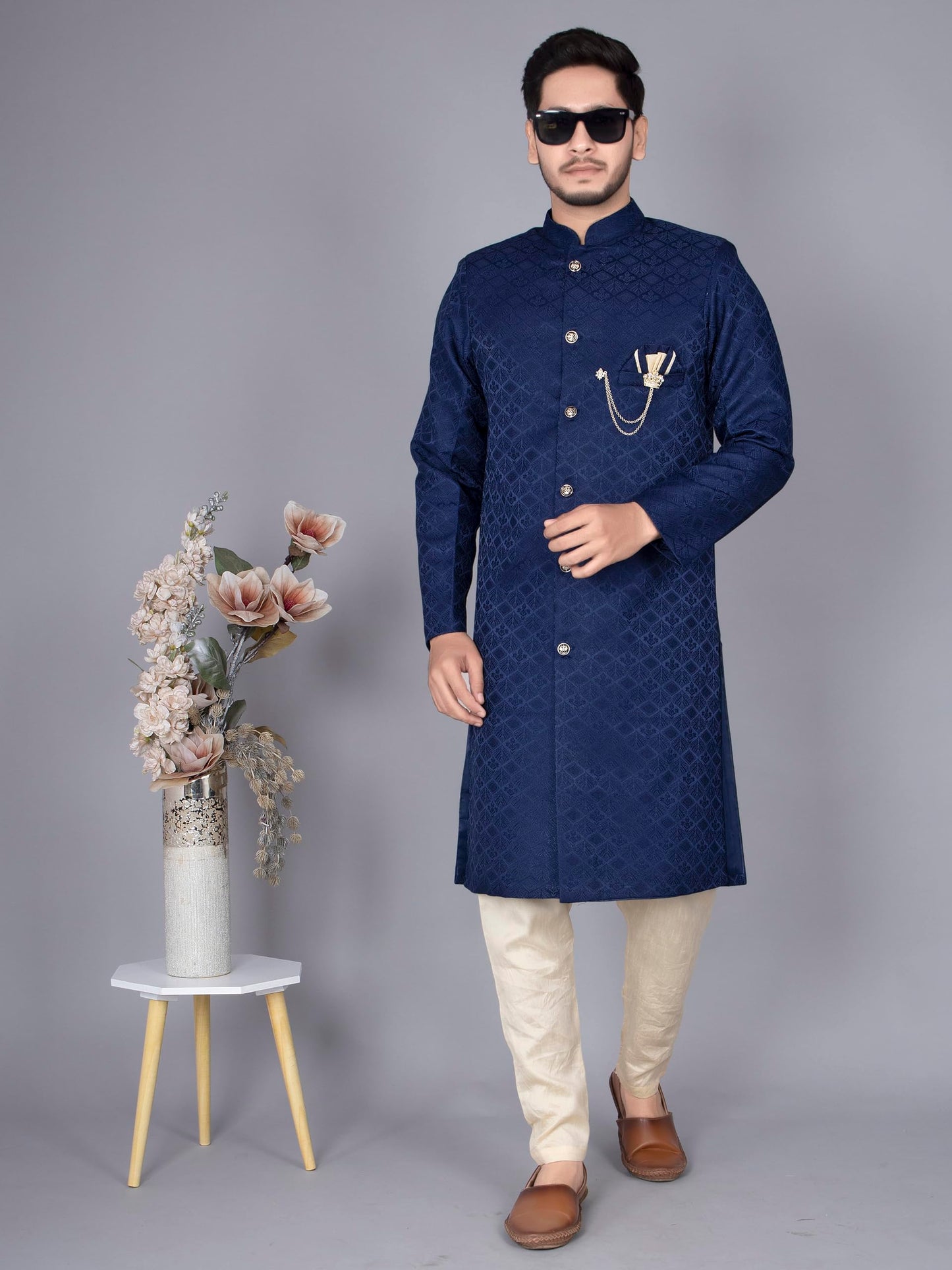 XEPON Indo Western Sherwani Set For Men (XL, Blue)