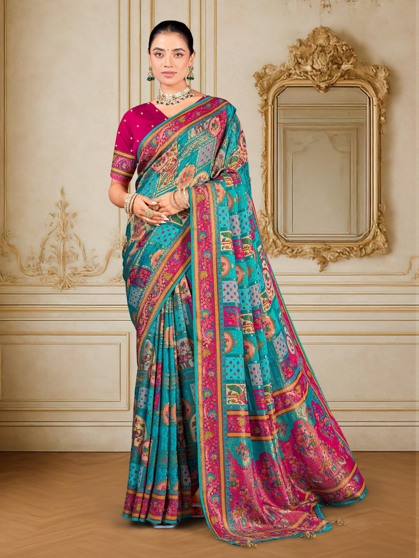 Glory Sarees Women’s Luxurious Dola Satin Pure Silk Original Saree Position Print Work Madhubani Inspired Motifs Banarasi Kanjivaram Style Saree With Blouse Piece (Elegant104_Rama)