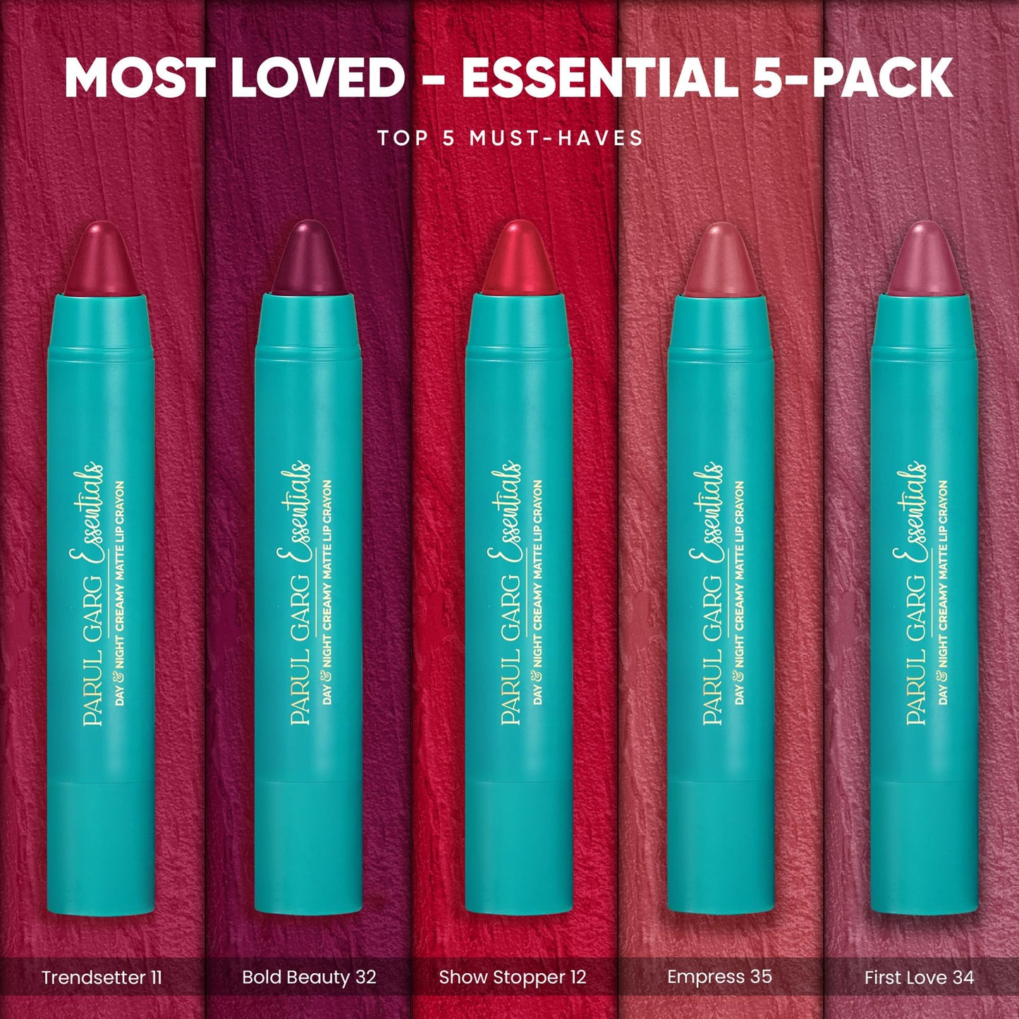 Parul Garg Beauty Everyday Neutrals Lip Crayon Set (Pack of 5) | Creamy Matte Lip Crayons | Natural Shades | Perfect for Light-Medium Skin Tones | Vegan, Long-lasting | Made in India (Most Loved)