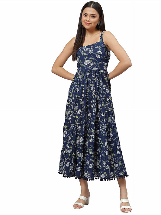 Divena Blue Floarl Shoulder Strip Long Dress