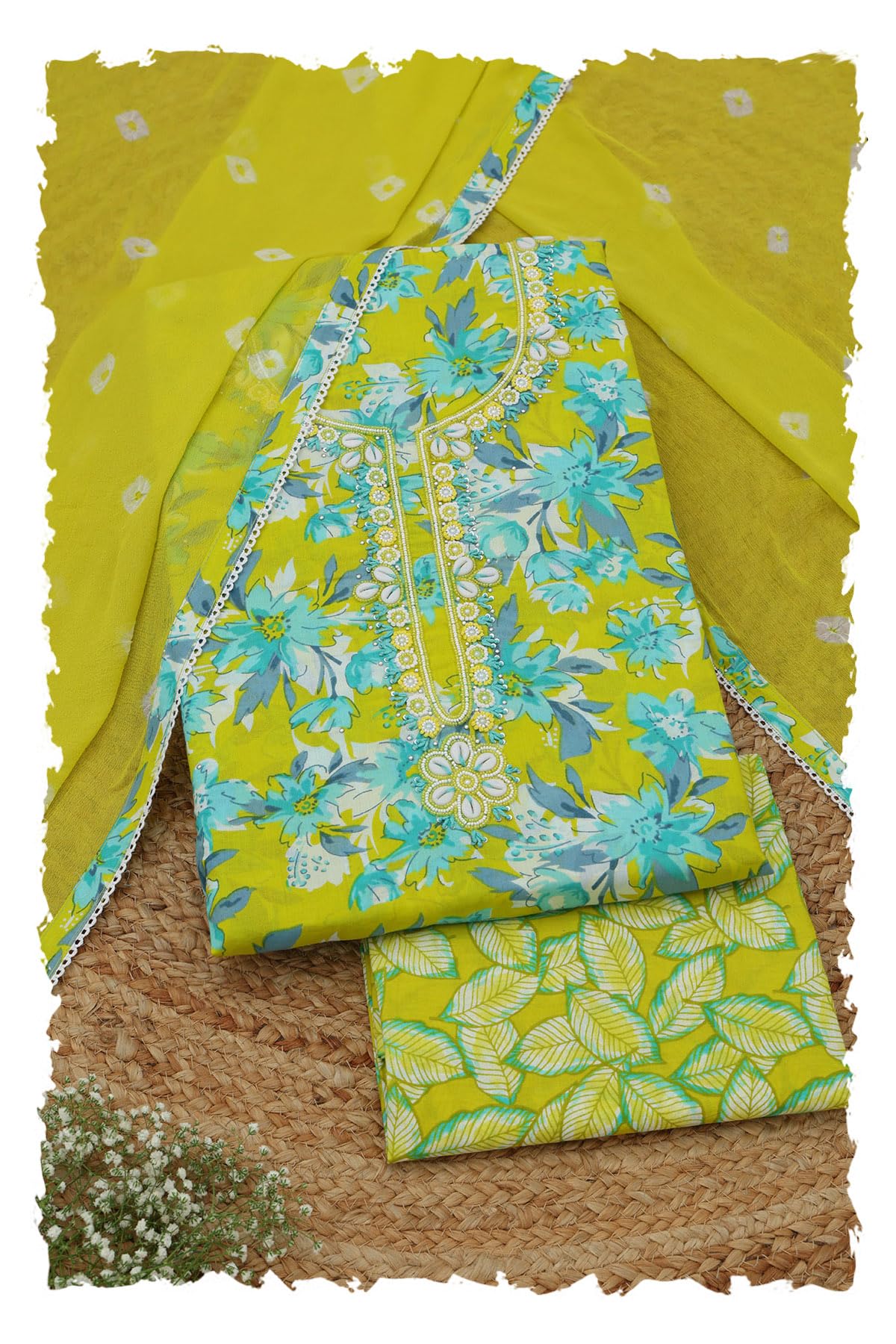 Soch Womens Green Cotton Floral Dress Material With Beads