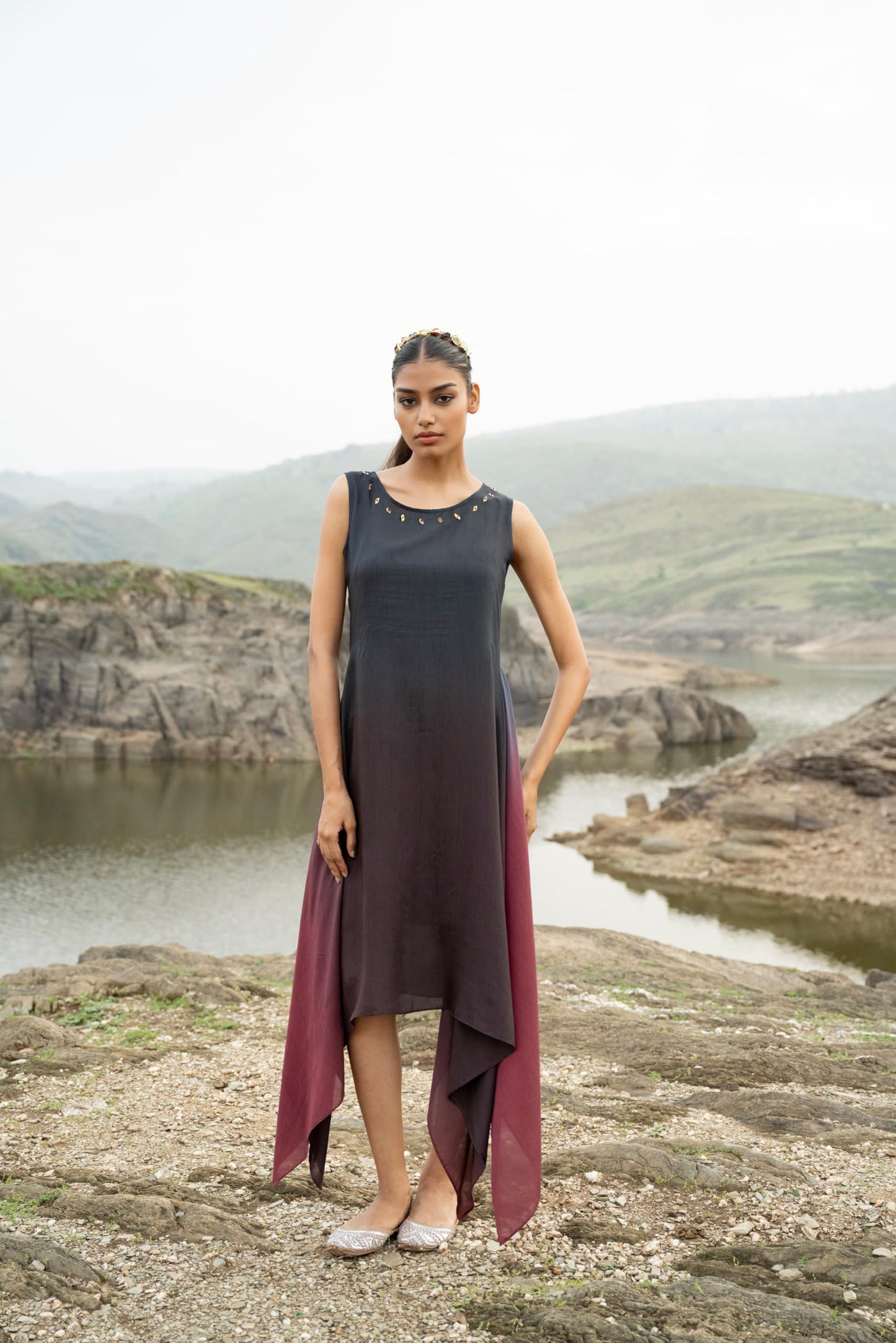 MIORAH Artisanal Ethnic Dress for Women & Girls,Muslin Modal Regular Fit One Piece Dress for Women’s, Sleeveless Round Neck Midi Dress with Hand Embroidery and Metal Sequins (Colour- Ombre, Size- 3XL)