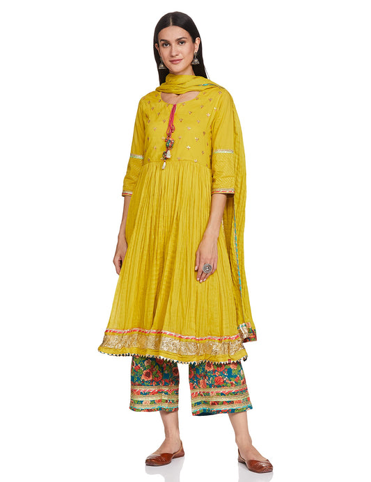 BIBA Women Cotton SOLID STRAIGHT SALWAR KURTA DUPATTA(SKD7670_LIME GREEN_36)