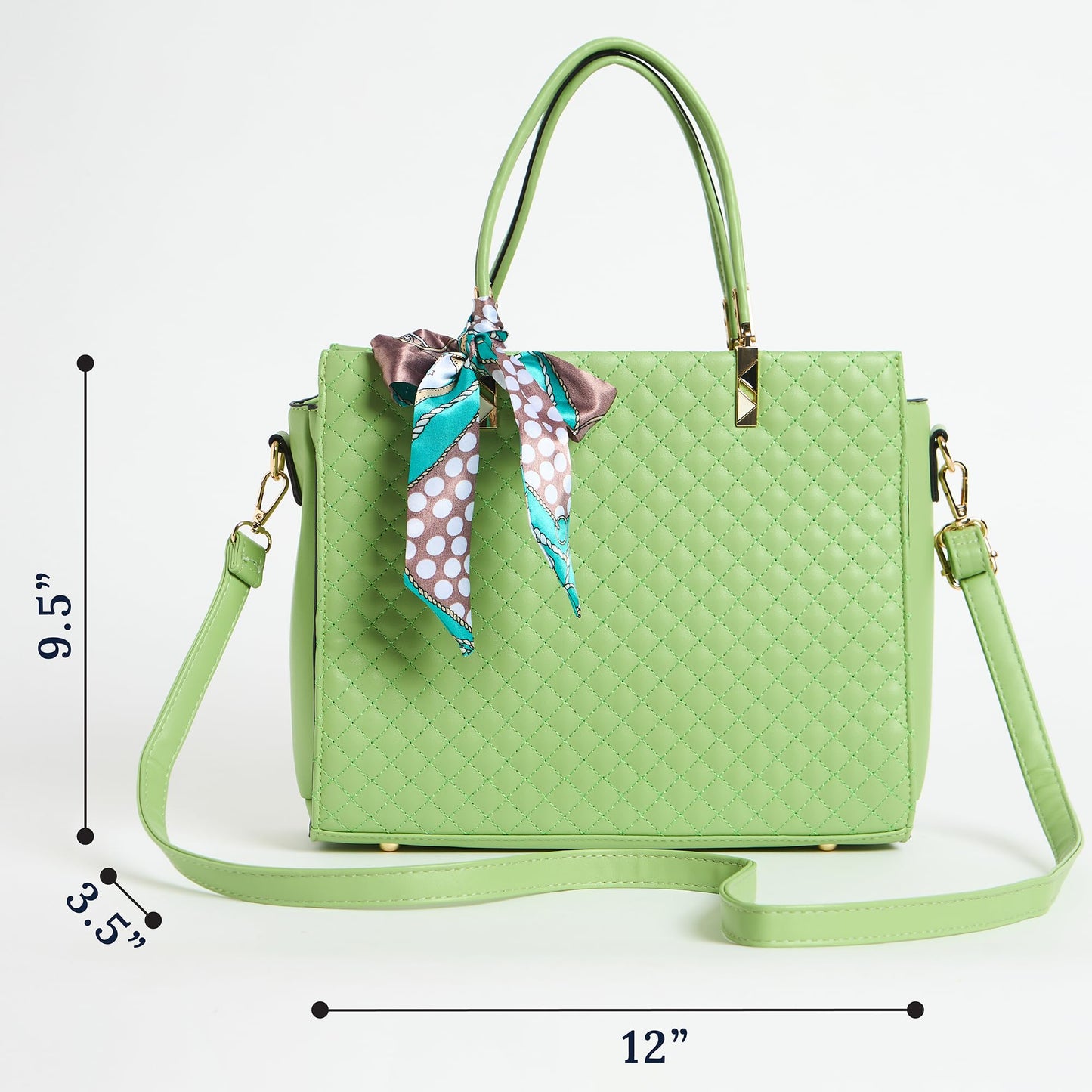 Chumbak Sage Quilted Handbag with Scarf, Sage Green, Multipurpose Hand Bag with Pouch for Shopping, Hand Held Bag for Women and Girls, Solid Colour Handbag