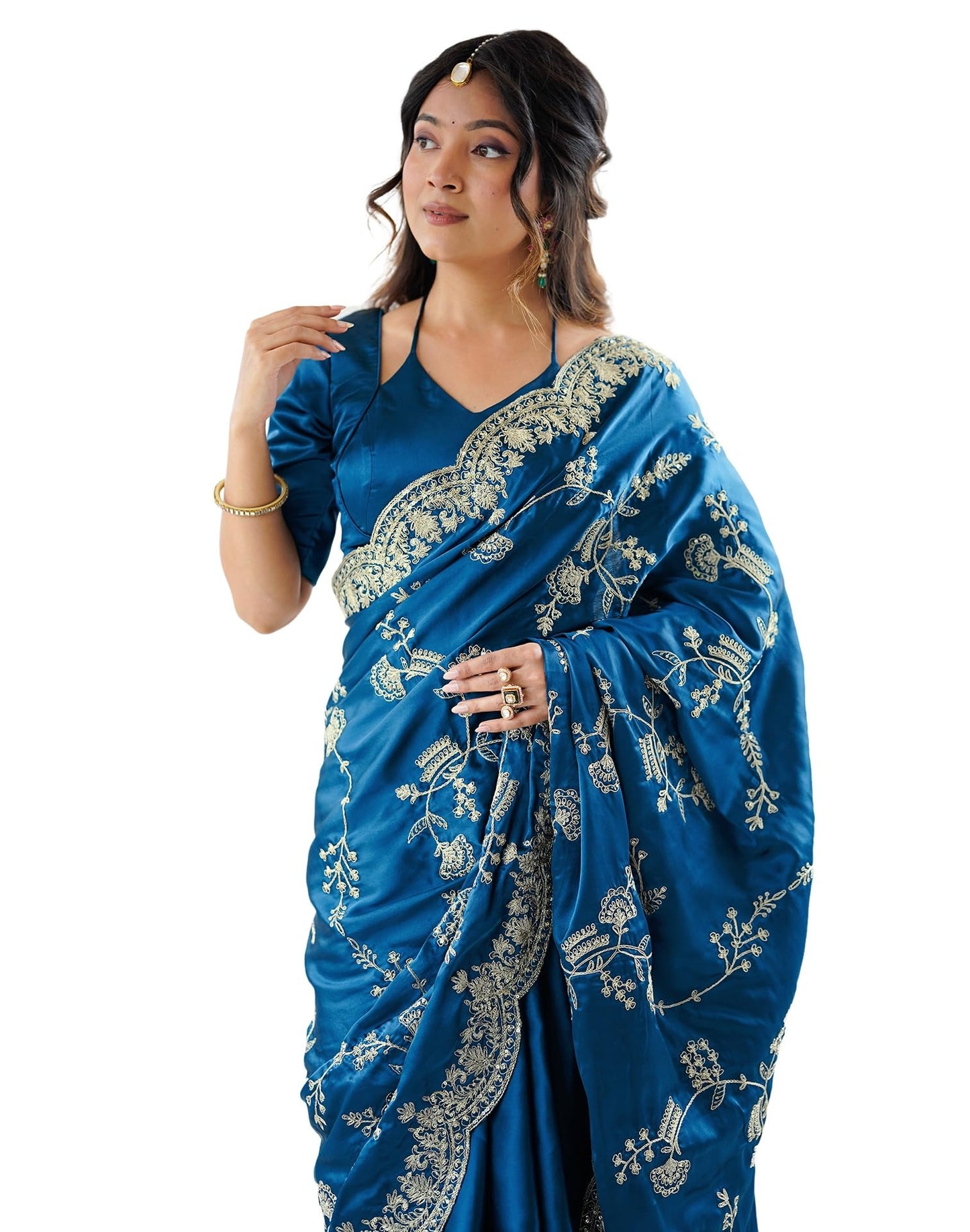 Satrani Women's Satin Embroidery & Sequin Work Saree with Unstitched Blouse Piece (4858S171N_Teal Blue)