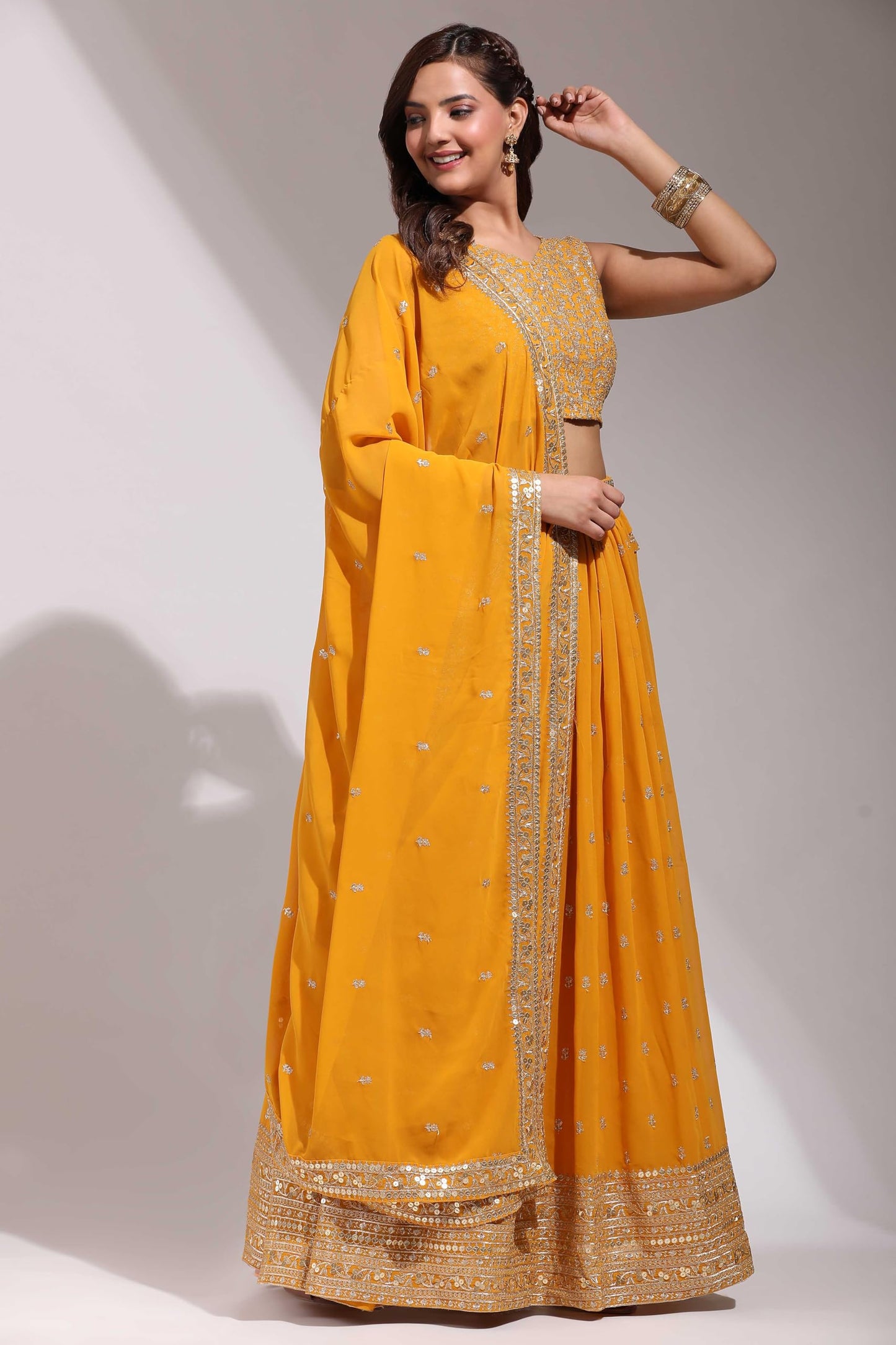 Fabcartz Womens Embroidered Georgette Lehenga Choli with Sequins Work (Yellow)