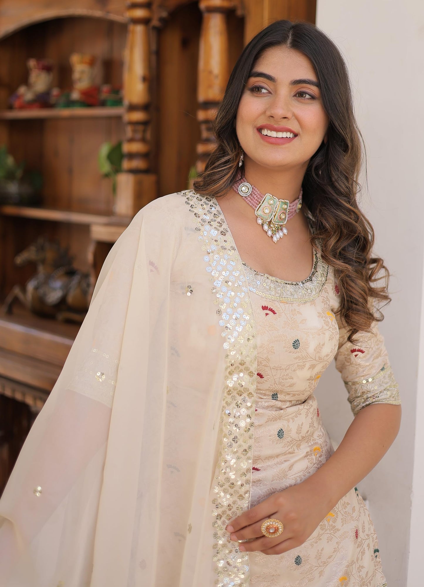 Fashion Basket Women's White Georgette Anarkali Kurta Set with Duptta for Women (White, XXL)