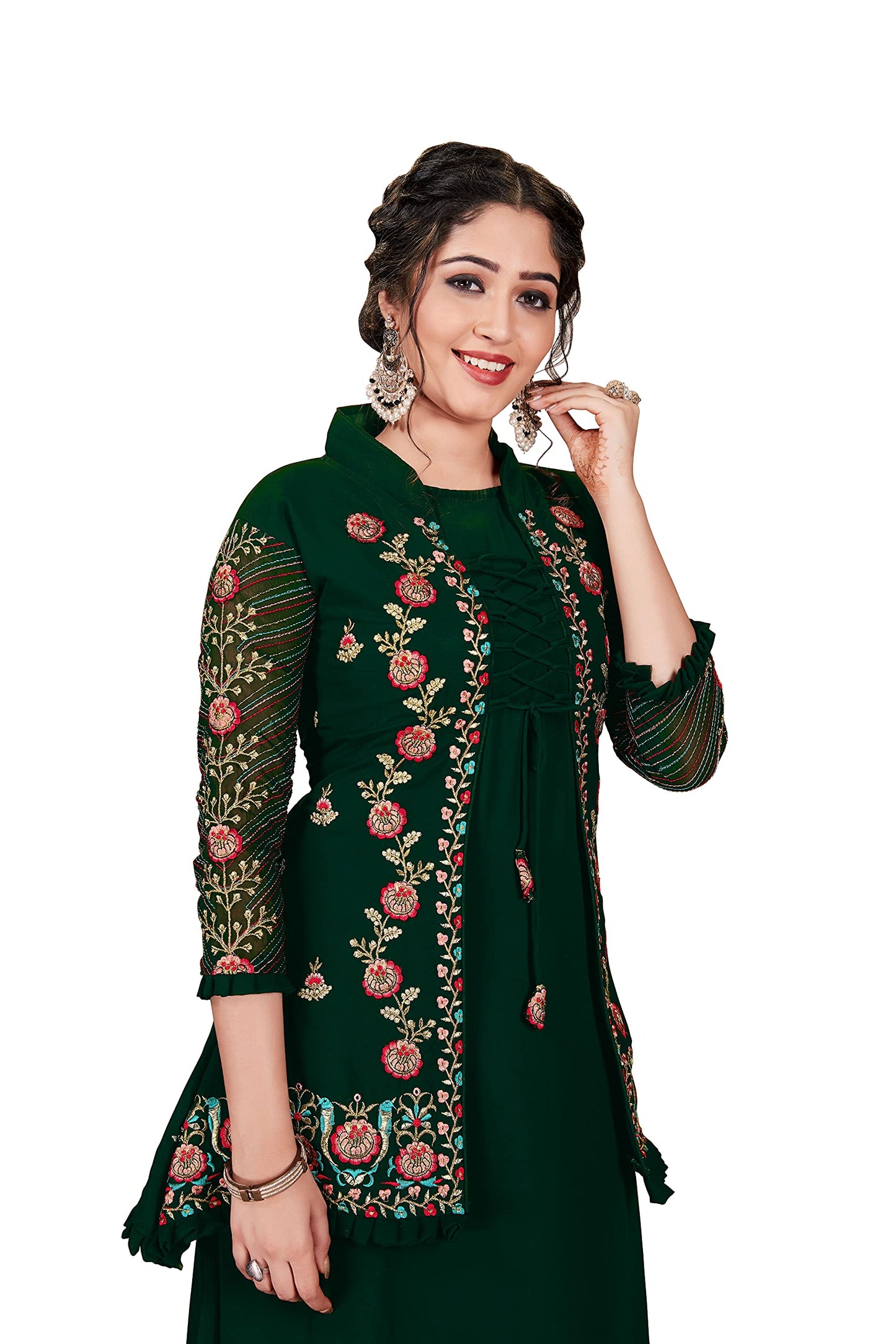 Miss Ethnik Women's Green Embroidered Flared Gown 111-Green