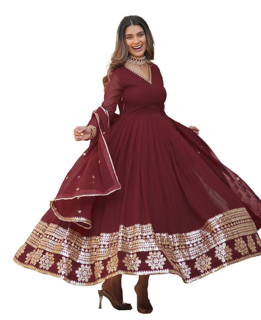 Fashion Basket Havy Georgette Embroidered Anarkali Dress for Women Maroon