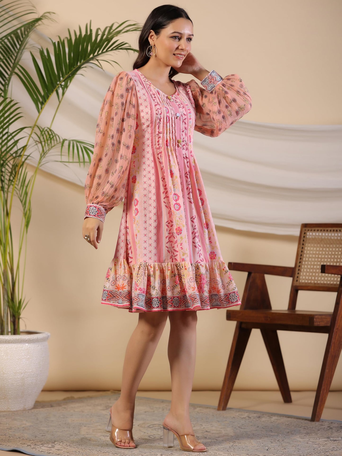Juniper Pink Wonderland Floral Printed Pure Cotton Midi Dress with Pintucks & 3D Handwork for Women