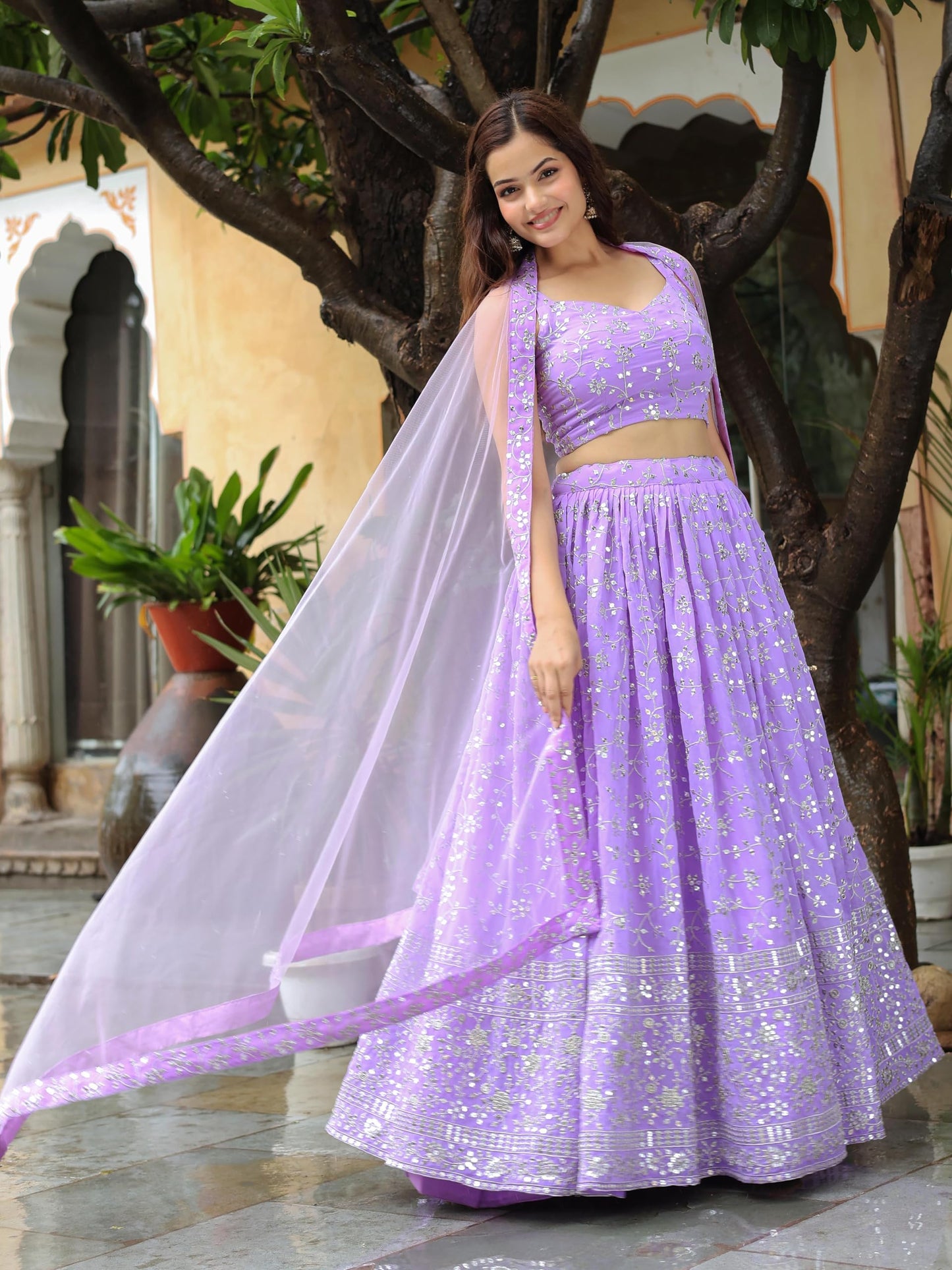 Zeel Clothing Women's Zari And Sequins Readymade Embroidered Georgette Lehenga Choli With Dupatta (5058-Lavender-Womens-Wedding-Lehenga-Choli, Free Size), Purple