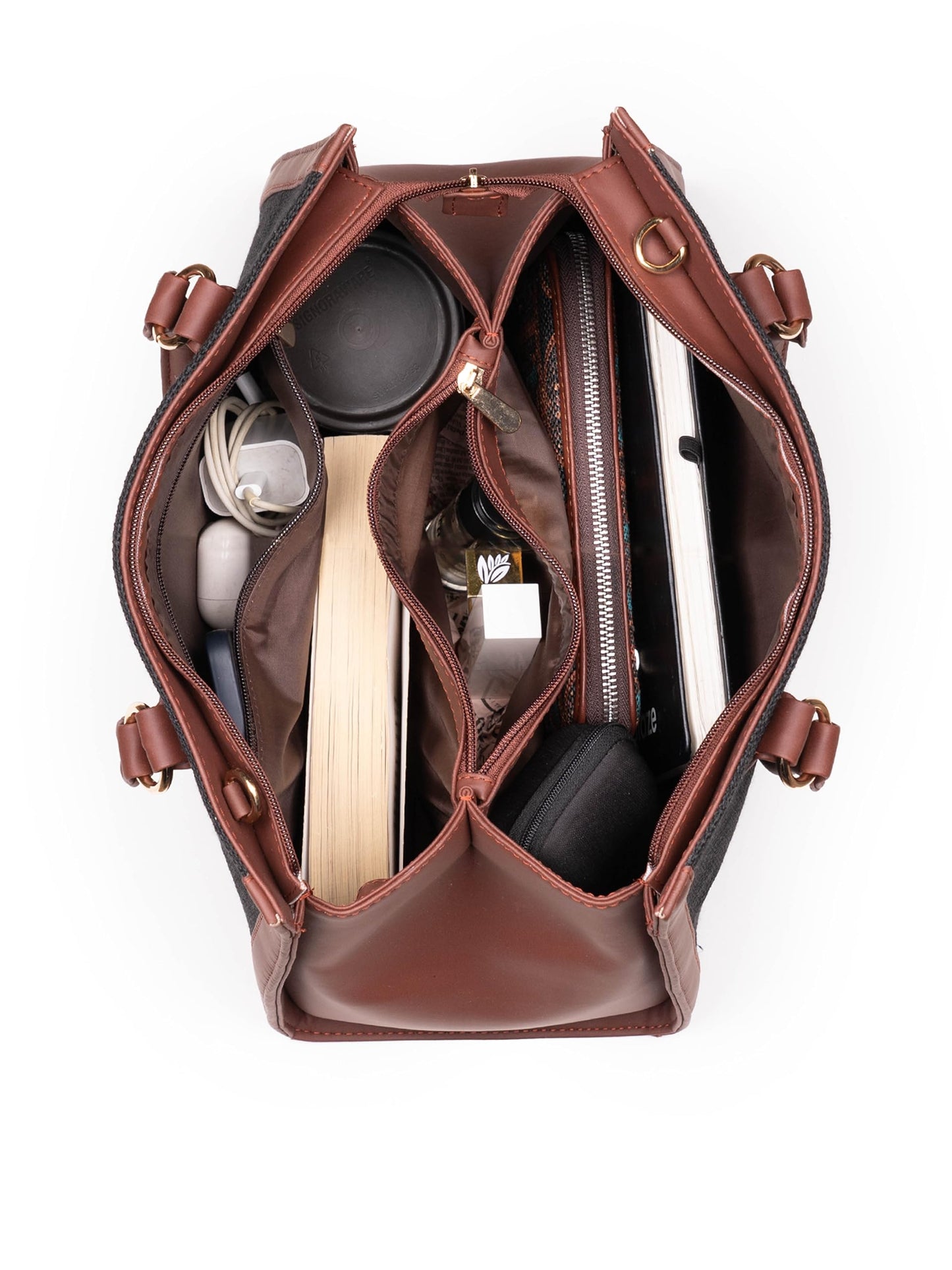 ZOUK Agra Floral Printed Jute Handcrafted Vegan Leather White Women's Satchel Bag | Ladies Purse Handbag | Double Handle Detachable Strap