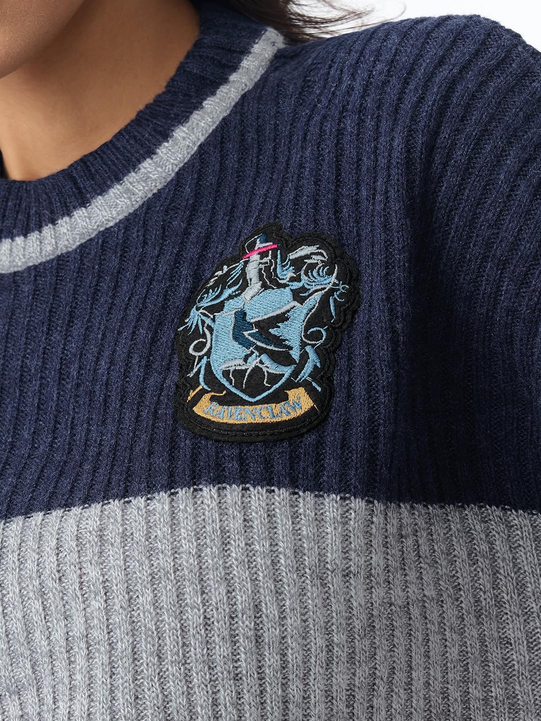 The Souled Store Harry Potter: The Thinkers Women and Girls Full Sleeves Round Neck Navy Grey Striped Acrylic Oversized Fit Ravenclaw Embroidered Winter Sweater