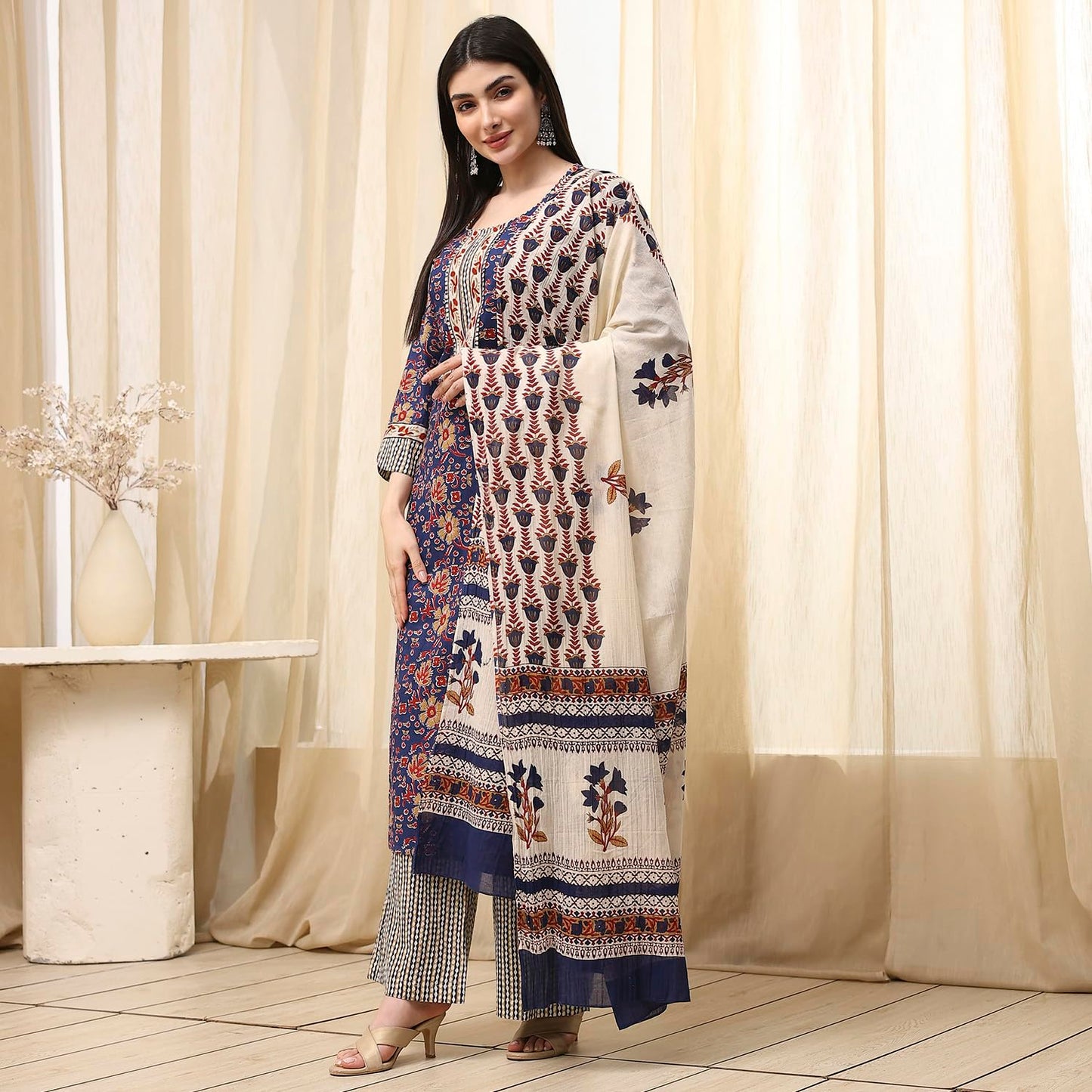 BIBA Women Blue Cotton Screen Print Unstitched Suit Set_FREE SIZE