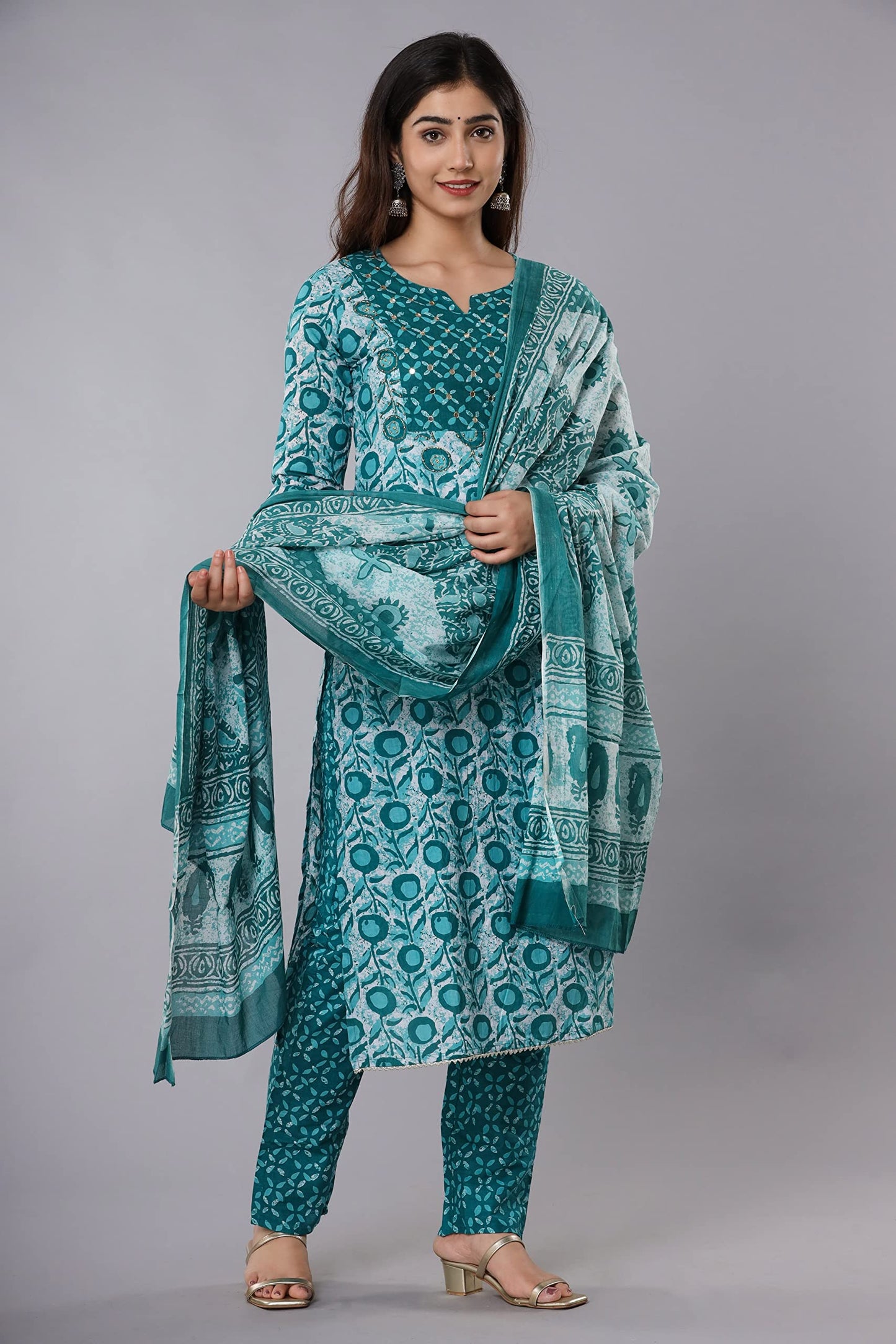 Vnyashri Cotton kurta set with dupatta for women (IN, Alpha, S, Regular, TEAL GREEN)